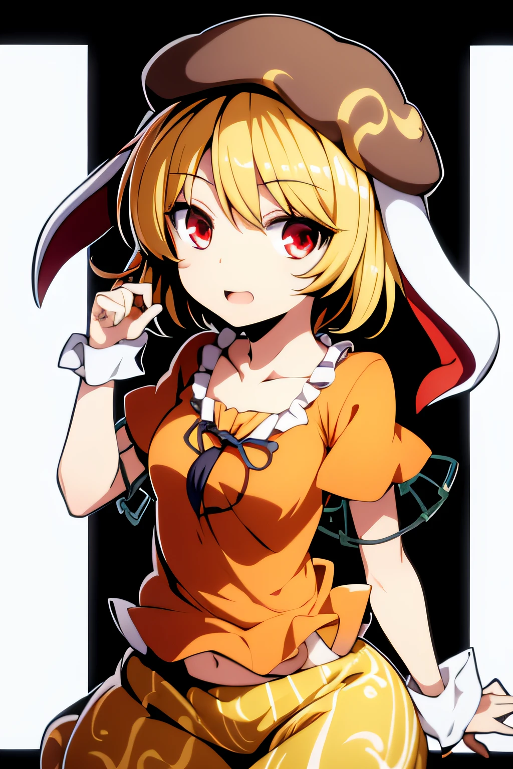 ringo \(touhou\), blonde hair, short hair, cabbie hat, orange shirt, navel, rabbit ears, red eyes, collarbone, frilled dress, yellow shorts,