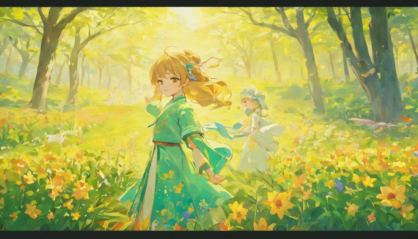 Zhuang village、and the sun was shining brightly、Flowers and plants flourish、A little girl, Yang Sanjie, wore Zhuang costumes,Standing in a herd of paper horses,Other villagers wore Zhuang costumes、confident smile、Villagers make paper horses、The picture is brightly colored、Feeling of warmth and hope