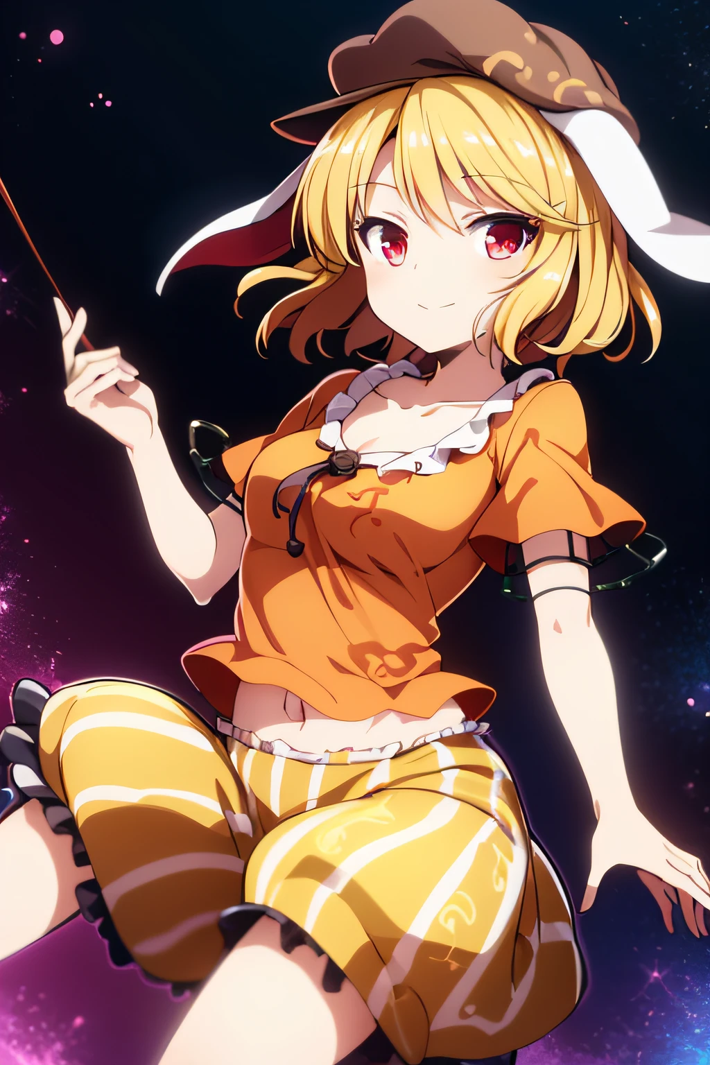 ringo \(touhou\), blonde hair, short hair, cabbie hat, orange shirt, navel, rabbit ears, red eyes, collarbone, frilled dress, yellow shorts,
