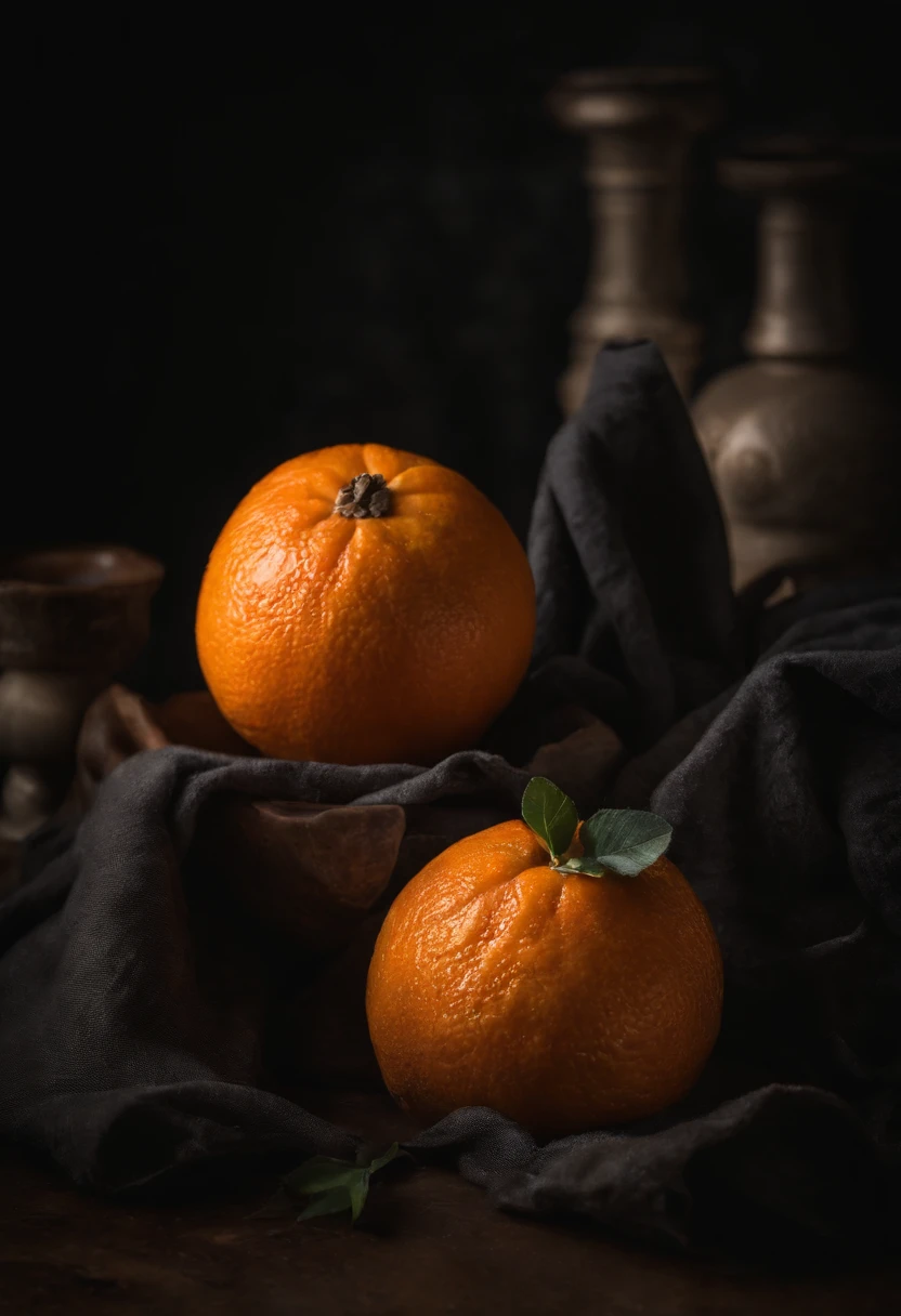 A peeled orange，With skin，closeup cleavage，Macro，fresco，Still life photography，Dark tone，Quiet，high high quality，ultra-clear，Professional food photography