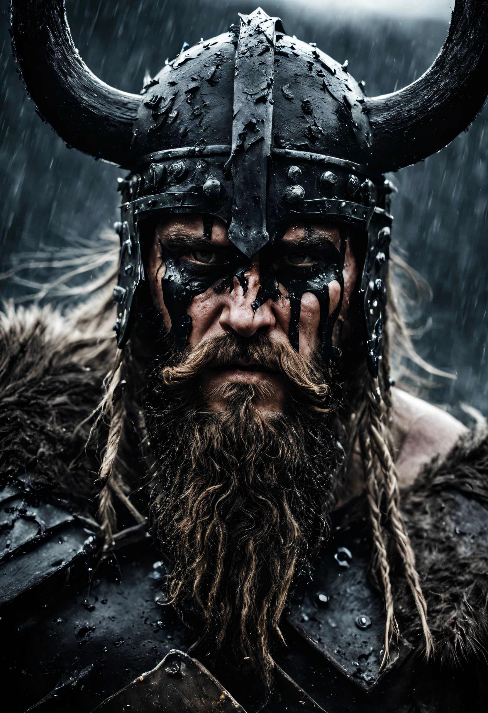 A close-up shot of a fierce Viking King, covered in dripping wet black mud, wearing a dark metal helmet with imposing black horns. His dark warpaint and scruffy black beard emphasize his angry expression, while a scar on his face tells a story of battles fought. The scene is bathed in cinematic lighting with dramatic volumetric rays, creating a moody and intense atmosphere. The Viking King grips his menacing Viking Axe