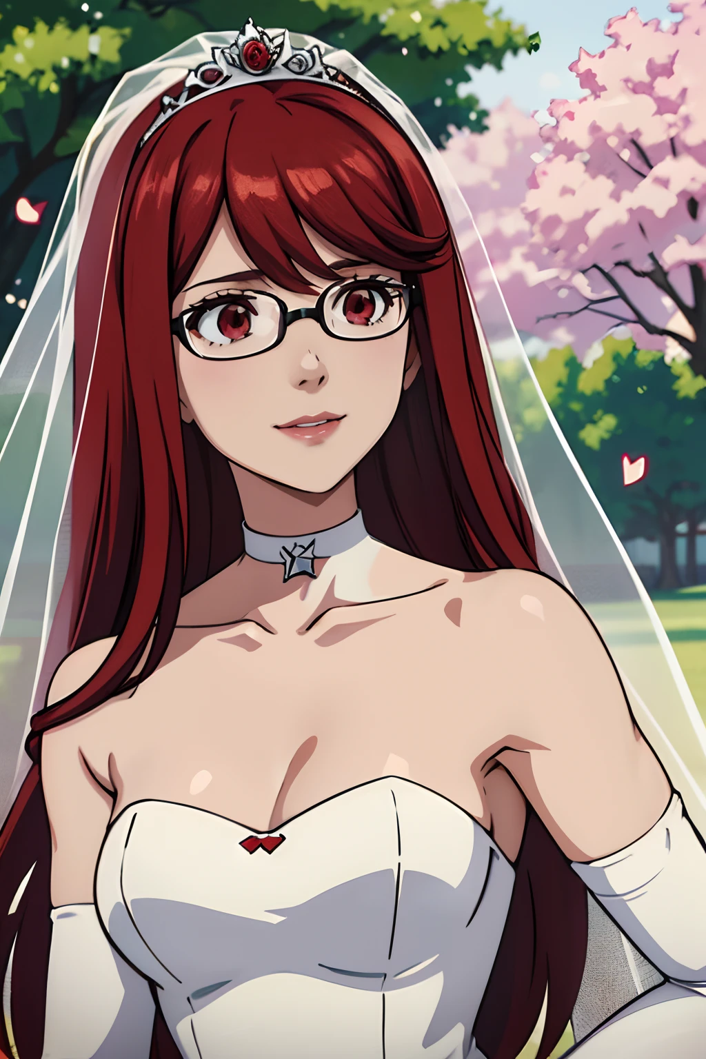 Yoshizawa Sumire, long hair, glasses, hair between eyes, ahoge, red eyes,red hair, star \(symbol\), hair ornament, dress, cleavage, bare shoulders, collarbone, long white elbow gloves, white gloves, white dress, white choker, strapless, tiara, veil, strapless dress, wedding dress, bridal veil, beautiful woman, perfect body, perfect breasts, wearing a wedding dress, ball gown, in the park trees, wedding decorations, a in love smile, realism, masterpiece, textured skin, super detail, high detail, high quality, best quality, 1080p, 16k