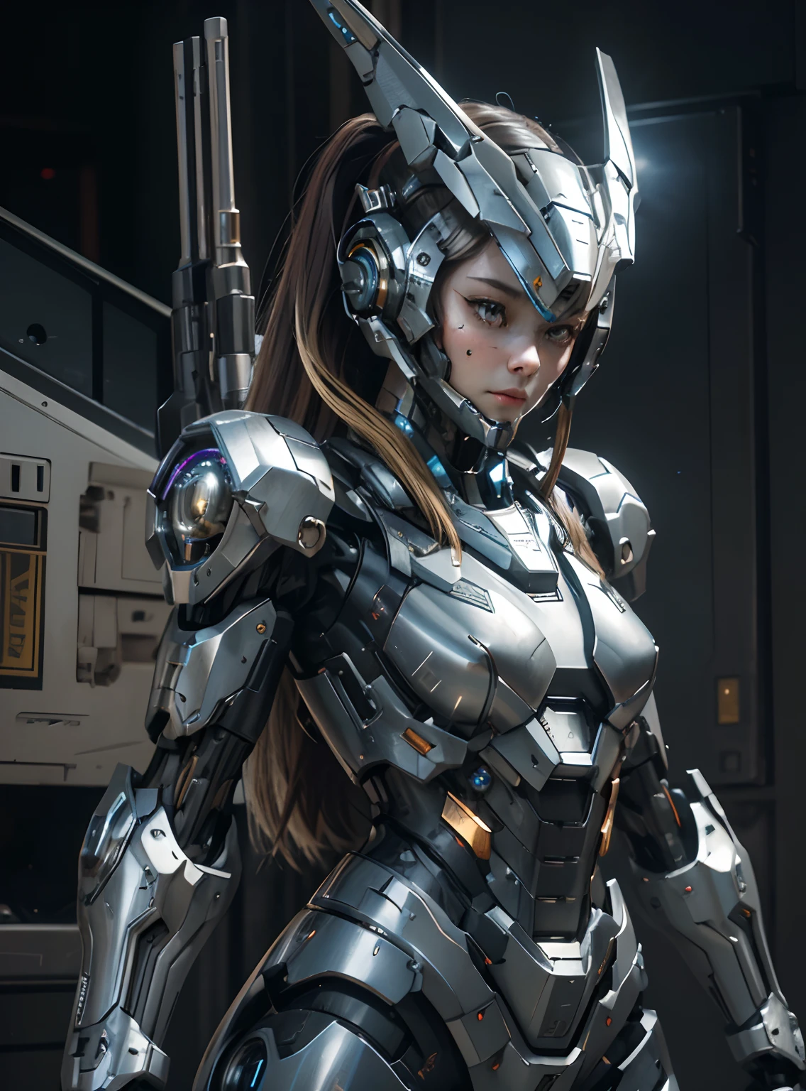 Textured skin, Super Detail, high details, High quality, Best Quality, hight resolution, 1080p, hard disk, Beautiful,(War Machine),(head gear),beautiful cyborg woman,Mecha Cyborg Girl,Battle Mode,Girl with a Mecha Body,She wears a futuristic war machine weapon mech,Fulll body Shot
