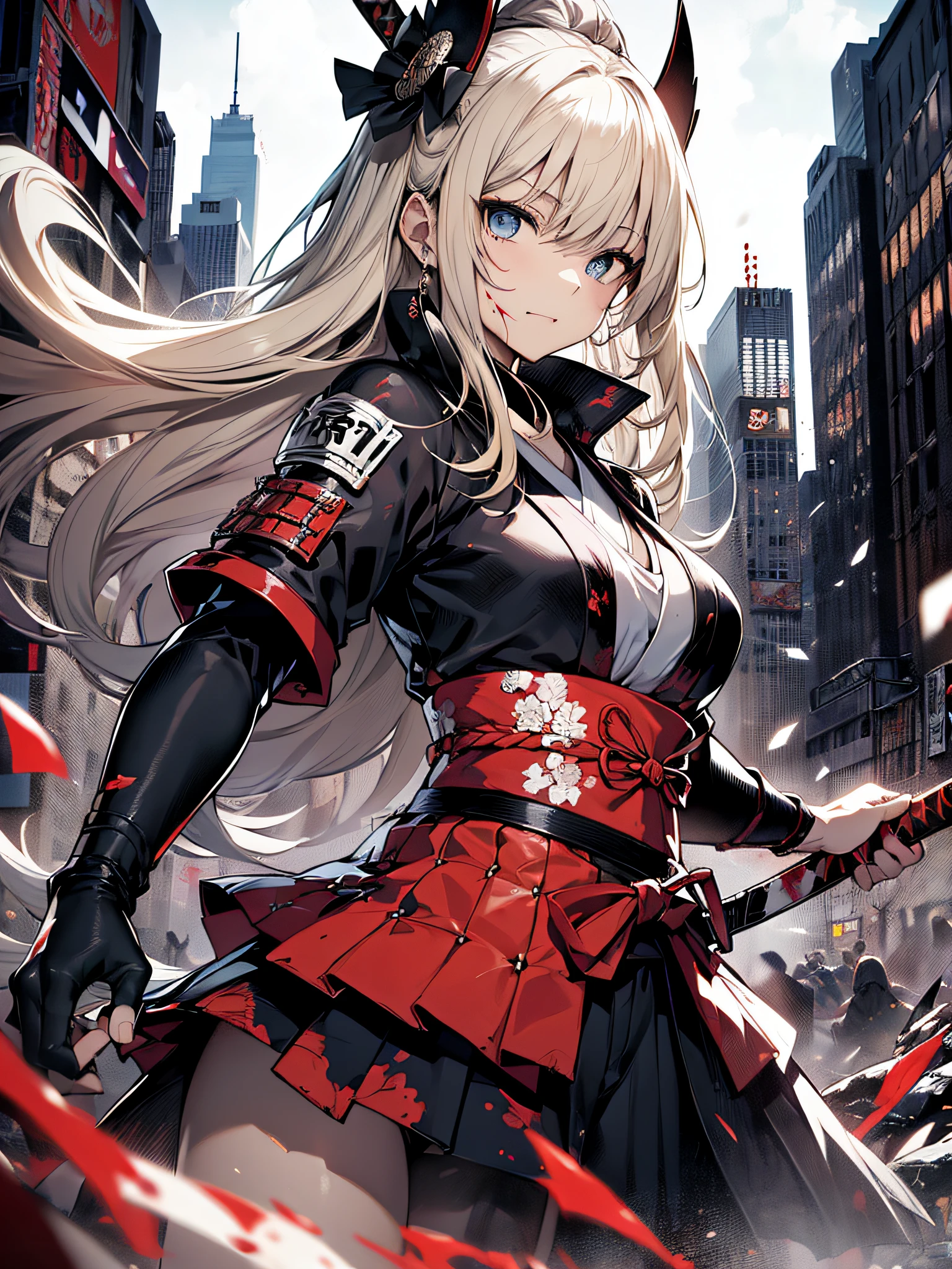 top-quality、Top image quality、masterpiece、girl with((cute little、18year old、Best Bust、Medium bust、Bust 85,Beautiful blue eyes、Breasts wide open,Blonde long hair、A slender、Black Samurai Costume、Murderous face,Holding a Japan sword with both hands、Fluttering hair、black and white color scheme、fighting poses、Blood returned to the sword、systemic return blood、Reflecting the whole body))hiquality、Beautiful Art、Background with((Black and white world、New York City、Blood splatters on the screen、Samurai Corps)),masutepiece、Elaborate design、visualart、depth of fields、The best lighting、highestdetailed、8k,、Art of Kurosawa World