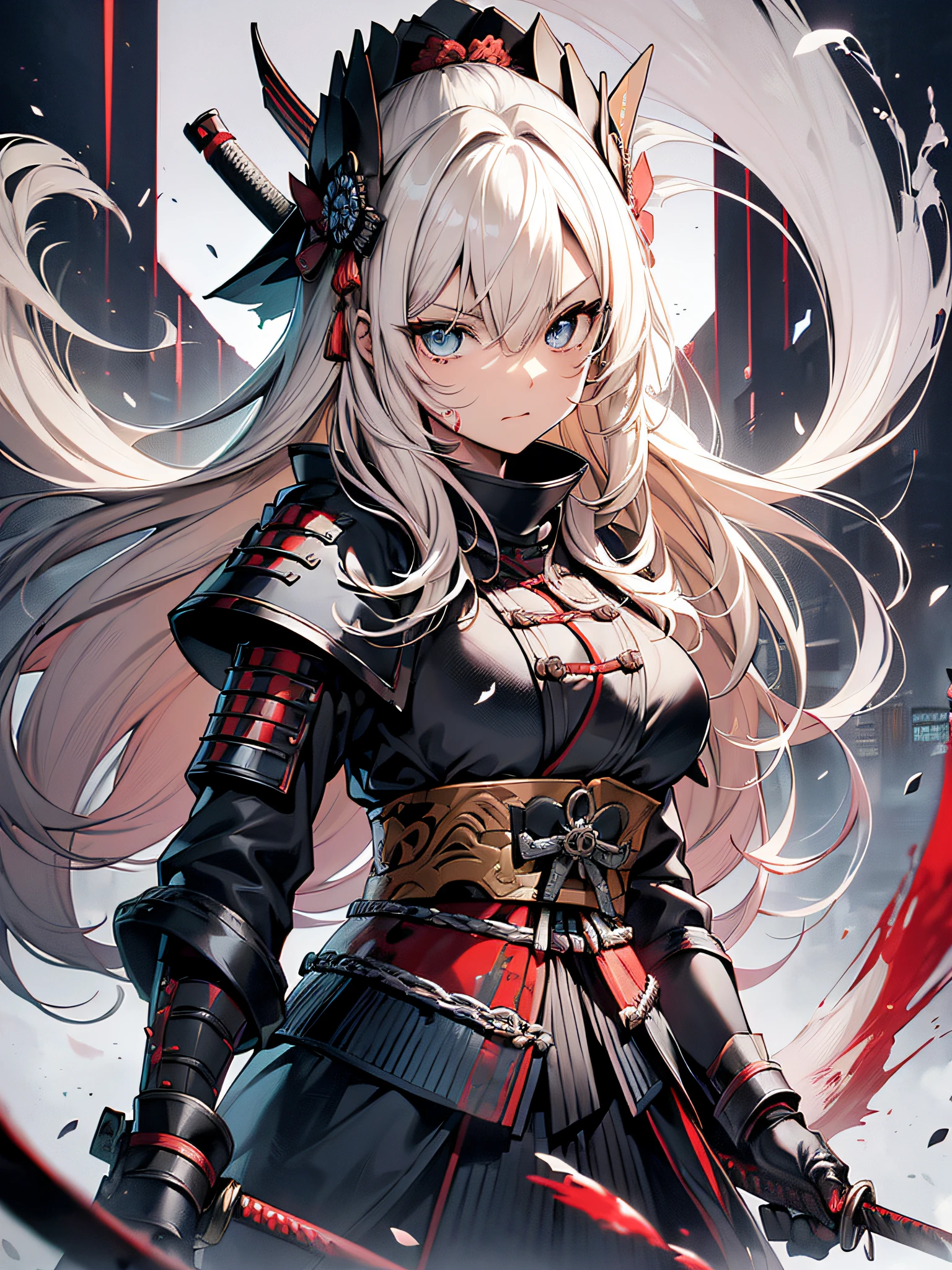 top-quality、Top image quality、​masterpiece、girl with((cute little、18year old、Best Bust、Medium bust、Bust 85,Beautiful blue eyes、Breasts wide open,Blonde long hair、A slender、Black Samurai Costume、Murderous face,Holding a Japan sword with both hands、Fluttering hair、black and white color scheme、fighting poses、Blood returned to the sword、systemic return blood、Reflecting the whole body)）hiquality、Beautiful Art、Background with((Black and white world、New York City、Blood splatters on the screen、Samurai Corps)),masutepiece、Elaborate design、visualart、depth of fields、The best lighting、highestdetailed、8ｋ,、Art of Kurosawa World