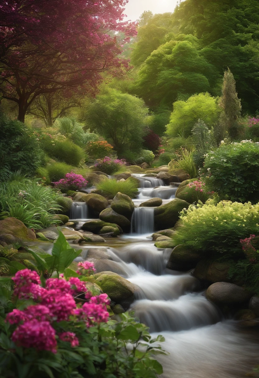 a lush garden and streams of water that glow in the sunshine