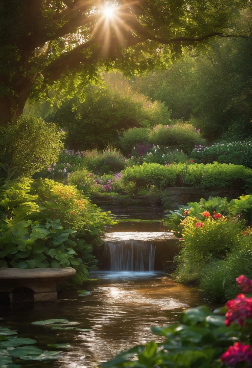 a lush garden and streams of water that glow in the sunshine