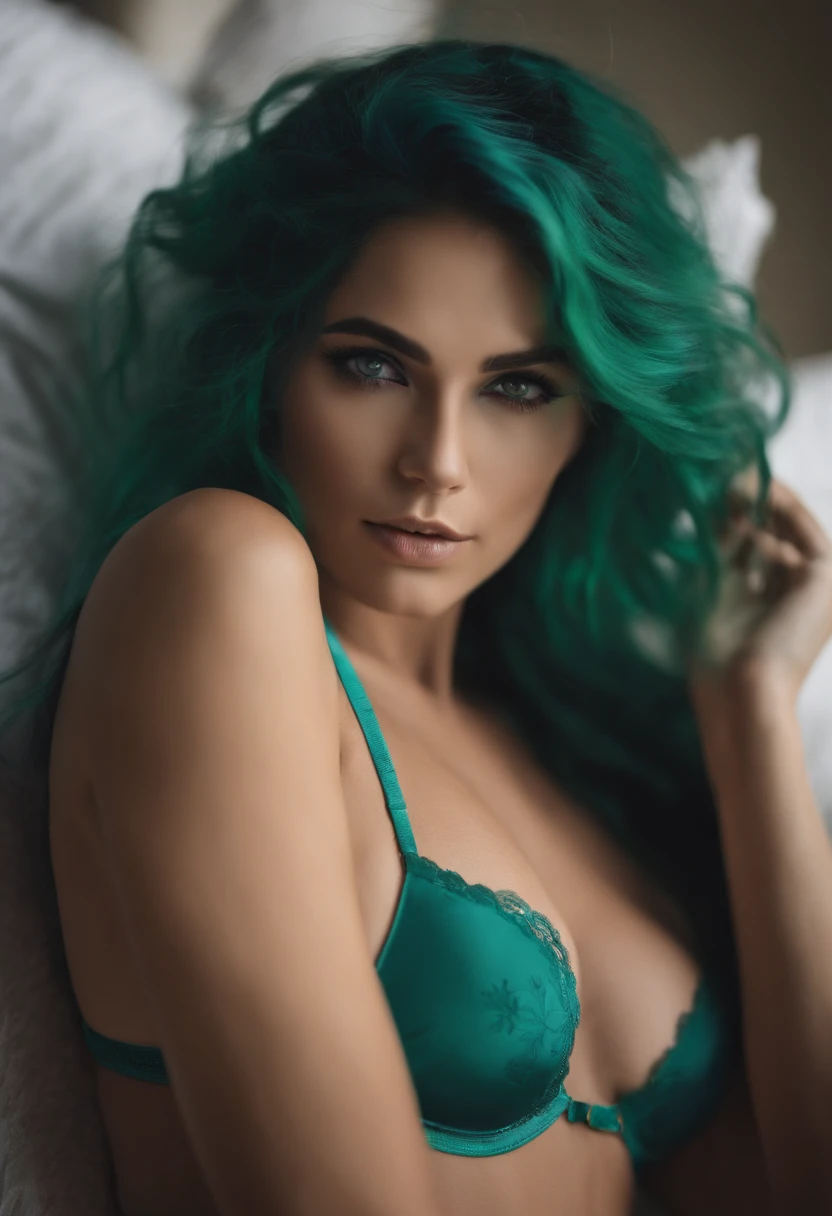 Green eye blue hair and only in underwear and bra