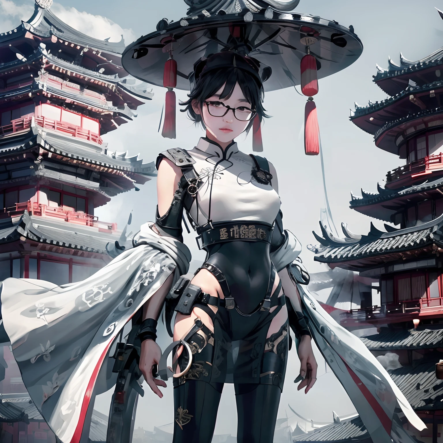 Chinese girl smokes from mouth and wears glasses, half black and half white, standing showing her perfect figure, perfect height, beautiful body, rich close-up, ultra high definition image, high attention to detail, level of detail, Chinese style, smoke Art,Glamour,Darkness,Extra Dimensions,8K
