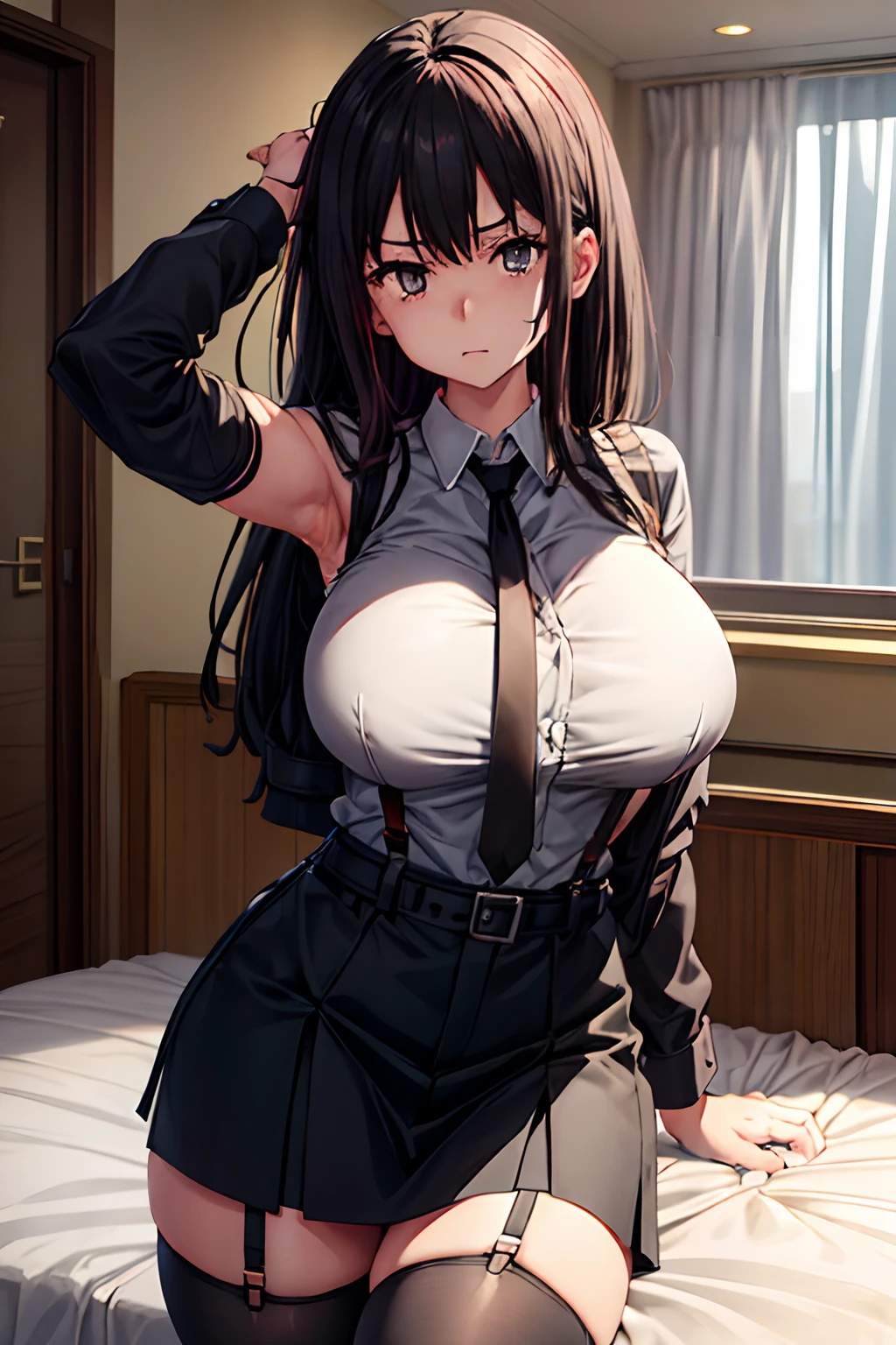 Suit,Collared shirt,Belt bag,Suspenders Black Miniskirt　garterbelts　knee high　Stockings　Black Niso　Colorcon armpit sweat　perspiring　Side of both hands,Black tank top,Gaze,huge tit,Armpit sweat,Exposing the armpits"Tight clothes、Raise your hands、wristbands　Lying in bed　　　Behind the back　Forehead Center