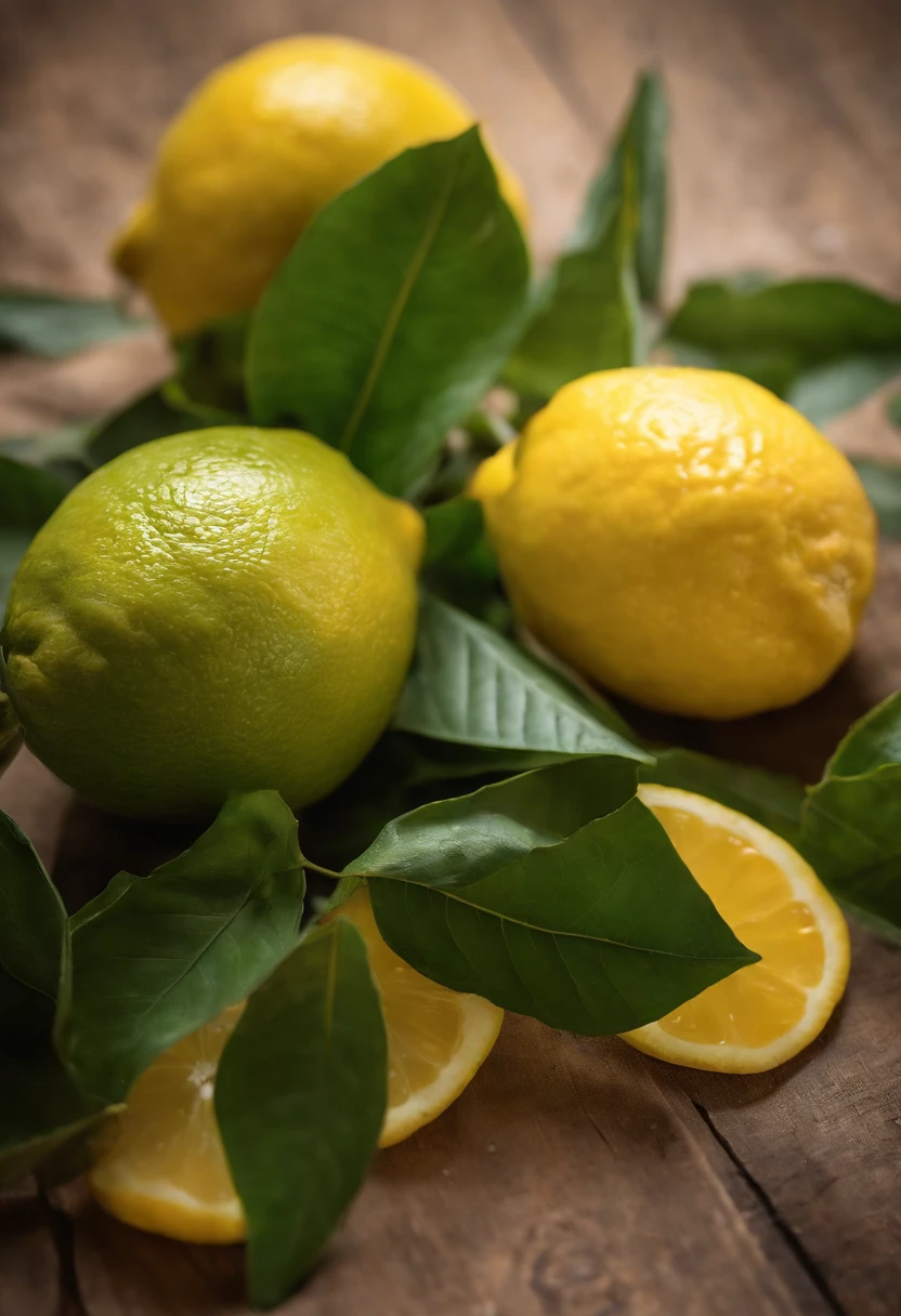 A fresh lemon，Super macro，With leaves，Still life photography，professional photoshooting，high high quality，ultra-clear