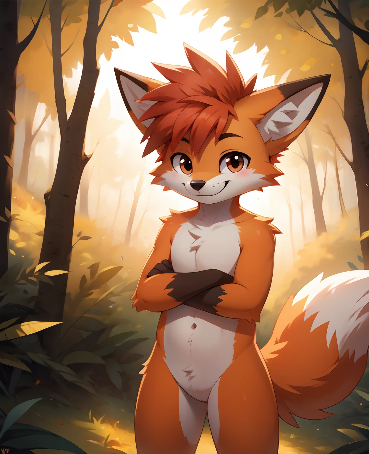 Portrait of den fox standing in a forest cute spiky hair smiling,
goodstuffV1