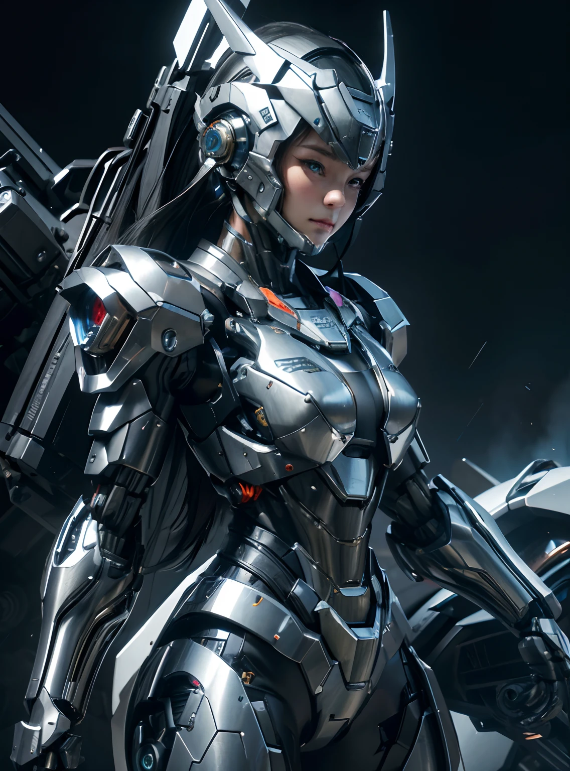Textured skin, Super Detail, high details, High quality, Best Quality, hight resolution, 1080p, hard disk, Beautiful,(War Machine),(head gear),beautiful cyborg woman,Mecha Cyborg Girl,Battle Mode,Girl with a Mecha Body,She wears a futuristic war machine weapon mech,Fulll body Shot