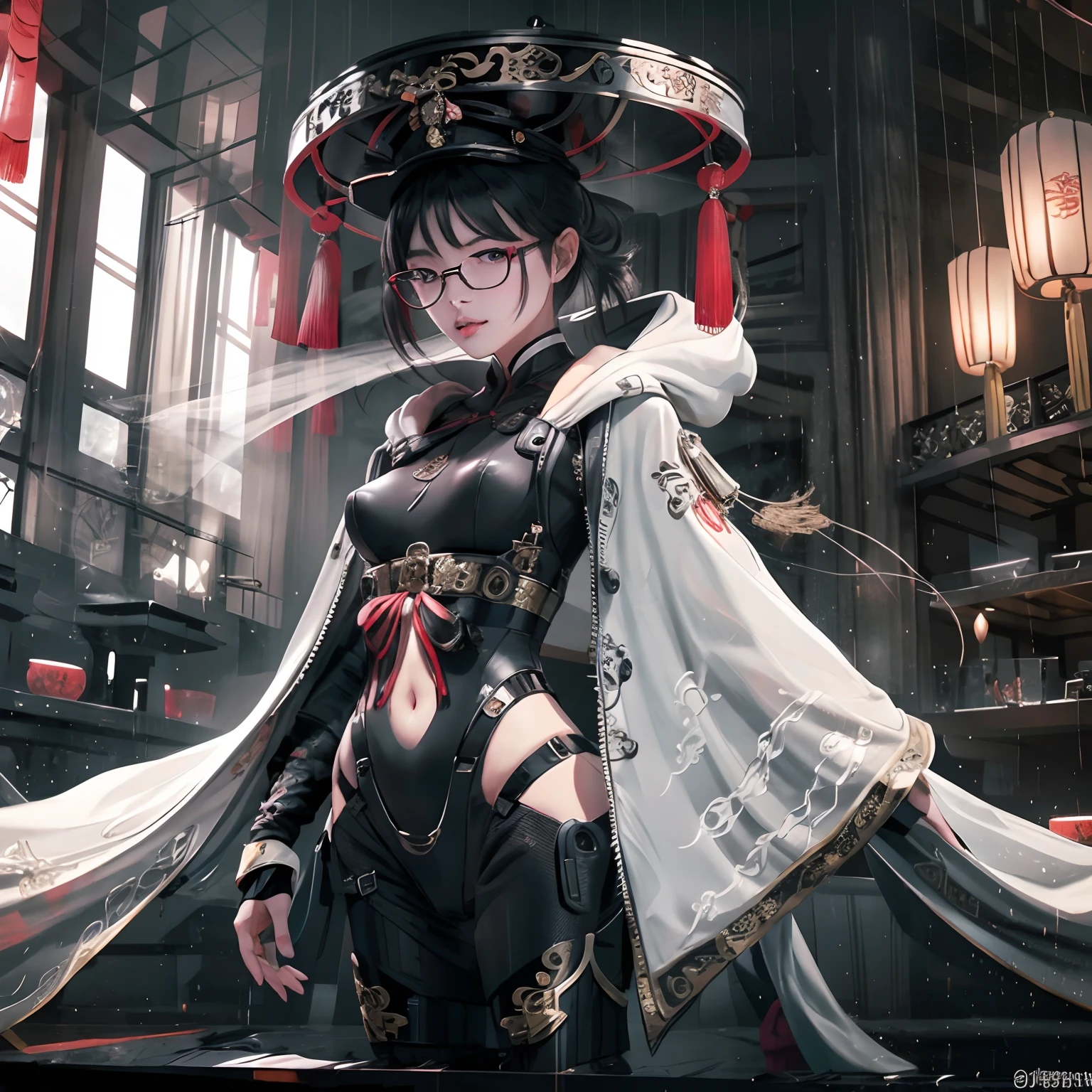 Chinese girl smokes from mouth and wears glasses, half black and half white, standing showing her perfect figure, perfect height, beautiful body, rich close-up, ultra high definition image, high attention to detail, level of detail, Chinese style, smoke Art,Glamour,Darkness,Extra Dimensions,8K