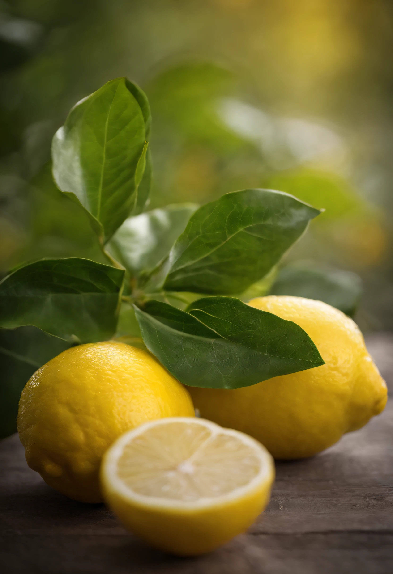A fresh lemon，Super macro，With leaves，Still life photography，professional photoshooting，high high quality，ultra-clear