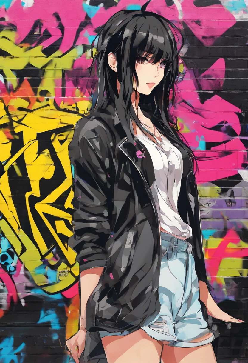 NSFW, Oil Style, digitalart, 1990s anime style, Black Hair Long Hair Straight, Japan beautiful girl, 18year old, Blunt bangs, Black camisole、