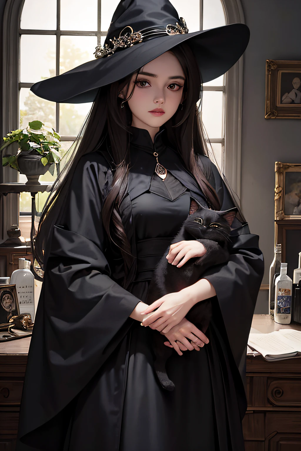 Masterpiece, Best quality,1 witch, Blackn clothes, long skirt, cabelos preto e longos, mistic, young, Brown eyes, Masterpiece, Holding a black cat, There is a cat in his arms, Crystal ball in background, Pill bottles with different colors in the background, Light smile, anime illustration, (illustration: 1.5)