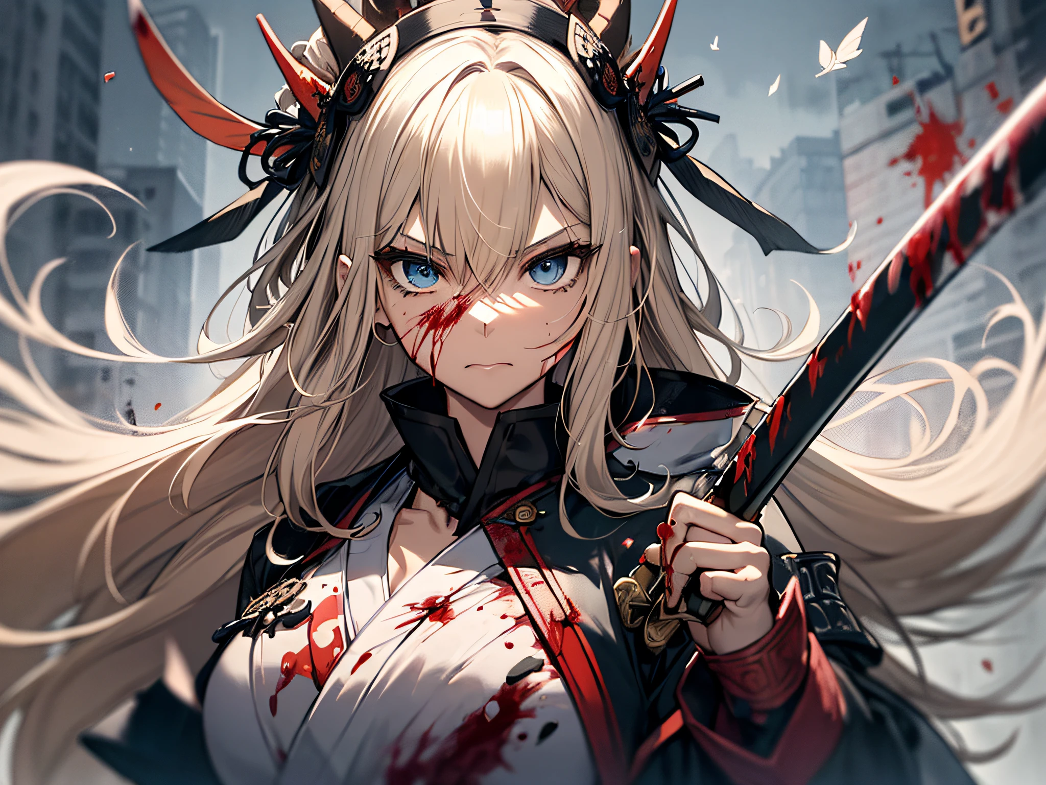 top-quality、Top image quality、masterpiece、girl with((cute little、18year old、Best Bust、Medium bust、Bust 85,Beautiful blue eyes、Breasts wide open,Blonde long hair、A slender、Black Samurai Costume、Murderous face,Holding a Japan sword with both hands、Fluttering hair、black and white color scheme、fighting poses、Blood returned to the sword、systemic return blood、Reflecting the whole body))hiquality、Beautiful Art、Background with((Black and white world、New York City、Blood splatters on the screen、Samurai Corps)),masutepiece、Elaborate design、visualart、depth of fields、The best lighting、highestdetailed、8k,、Art of Kurosawa World