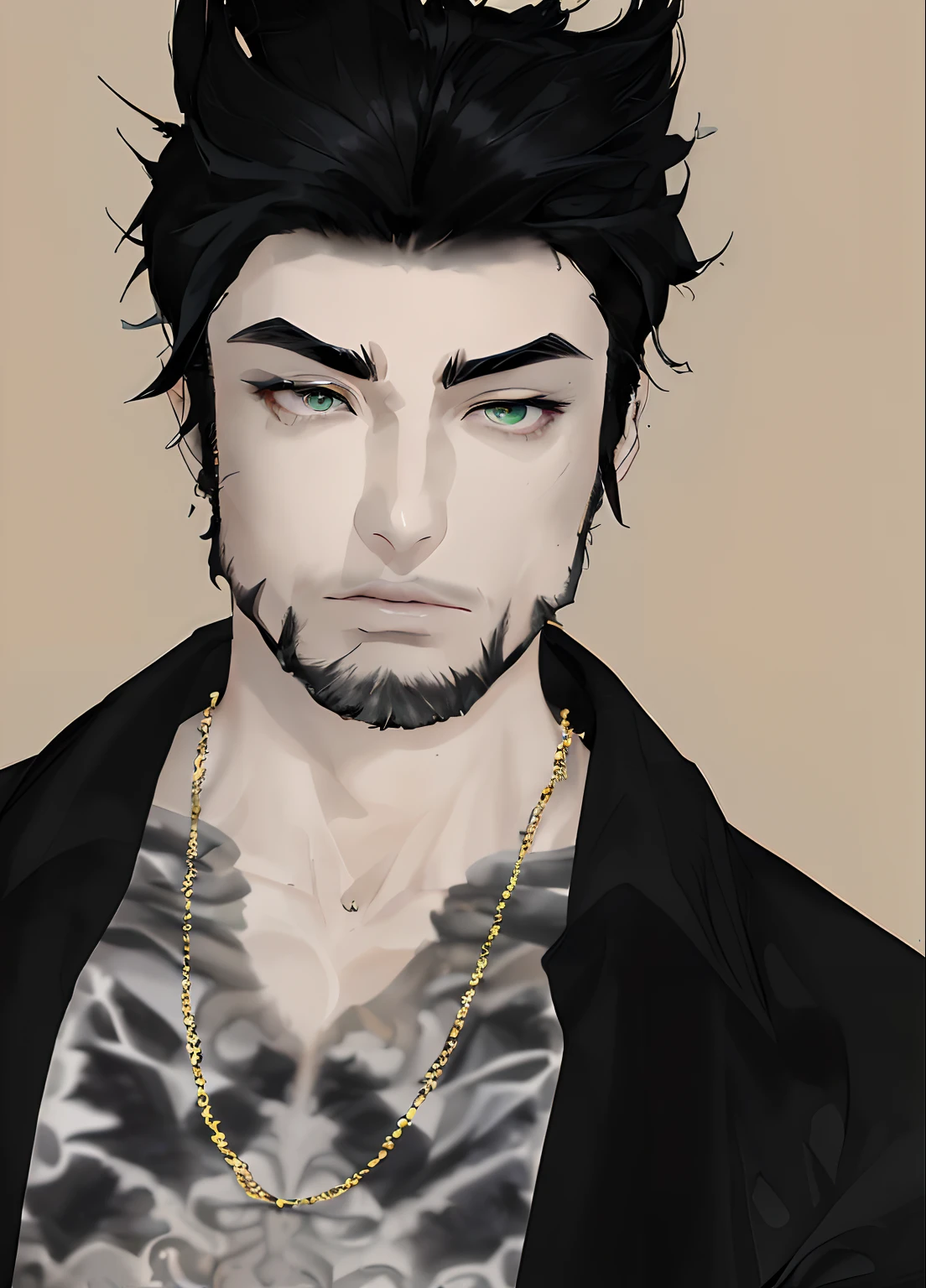 (absurdress, hight resolution, overdetalization, realistness, ), 1 male, 独奏, grown up, Mature, tall muscular guy, wide shoulders, beutiful, extremely short hair, black  hair, green colored eyes, angular jaw, thick neck, thick eyebrows, the night , beard, Scar above the lip