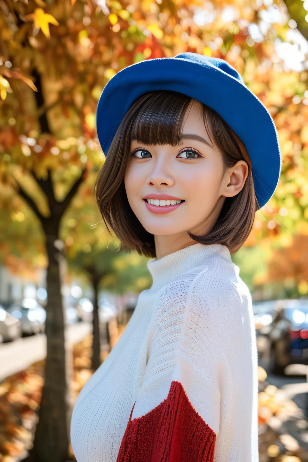 (masutepiece:1.4, top-quality、Very attractive adult beauty with a very cute smile:1.4、Add intense highlights to the eyes:1.4、Look firmly at the camera、Beautiful woman full of adult charm:1.4),1girl in, 独奏, Light brown shiny hair, muffler,Santa Claus hat:1.4,realisitic, looking at the viewers, Bright colored crystal light blue eyes:1.4, short shiny hair, Santa Claus Starneck Knit、 Red and white costume of Santa Claus in turtleneck with round hole in the center of the chest:1.4,Sexy red and blue turtleneck knit sweater with round hole in the center of chest:1.4、 s lips, lipgloss:1.4，bangss, The upper part of the body、big eye、Lashes、The face is a little red:1.4、Embarrassing)、((Canadian tree-lined avenues in autumn:1.4))、((Shorthair with bangs、big eye、Put very strong highlights in your students:1.4、{Gigantic|Big|Huge|Mega} breasts:1.4、very Bigger breasts、gazing at viewer、Very beautiful beauty、Put your ears out:1.4、long neck:1.4、little smiling、Beautiful teeth、Open your mouth and smile:1.4))、28 year old:1.4、Very cute supermodel:1.4、