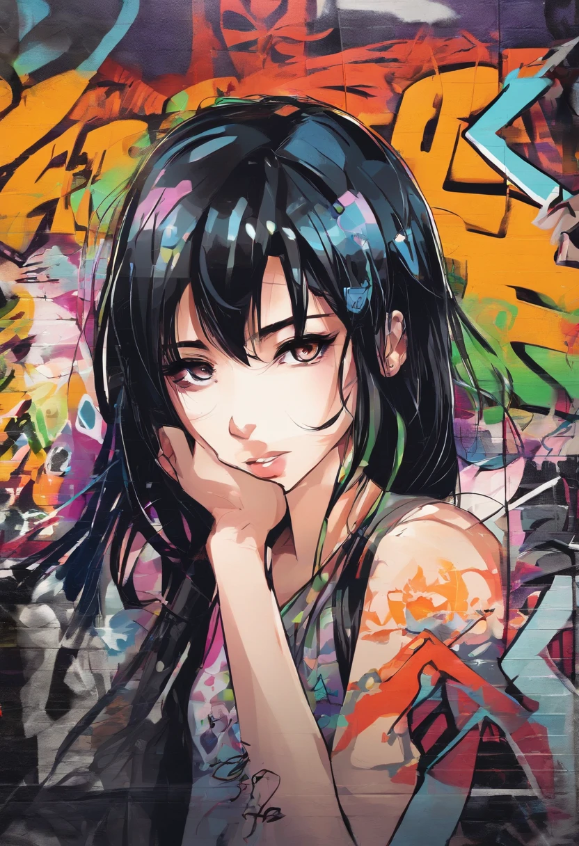 Oil Style, digitalart, 1990s anime style, Black Hair Long Hair Straight, Japan beautiful girl, Blunt bangs, Black camisole、