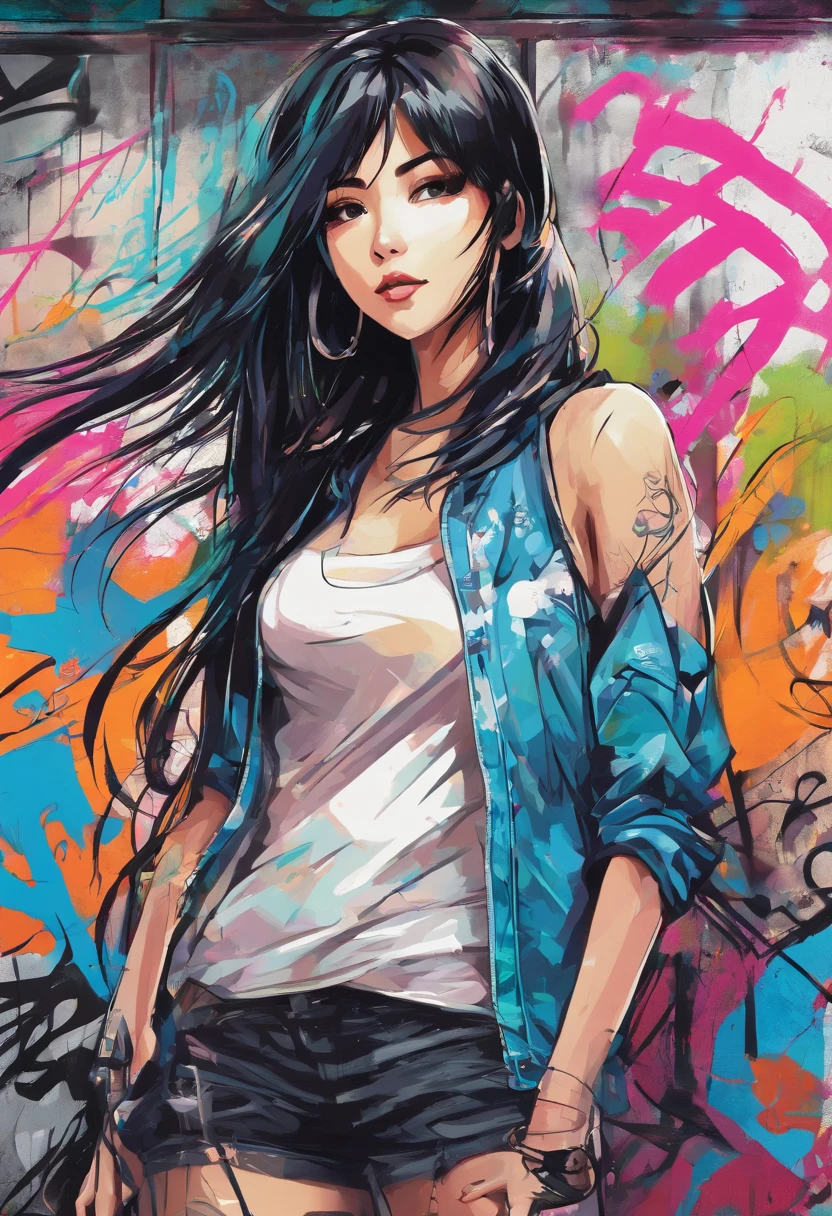 Oil Style, digitalart, 1990s anime style, Black Hair Long Hair Straight, Japan beautiful girl, Blunt bangs, Black camisole、