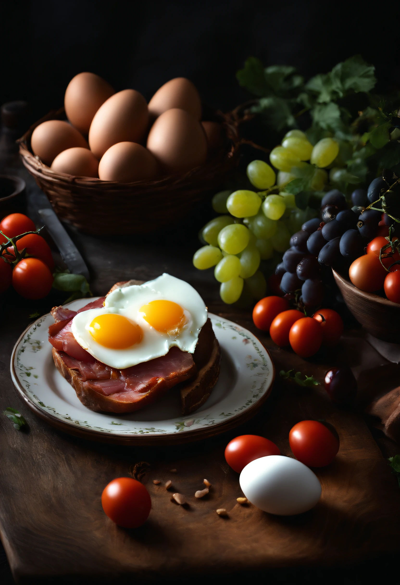 There are eggs on the table,grapes,tomato,There is ham on the cutting board,Verdure,There are also seasoning bottles on the table,Still life photography,Dark tone photography,professional food photography,Abundant food