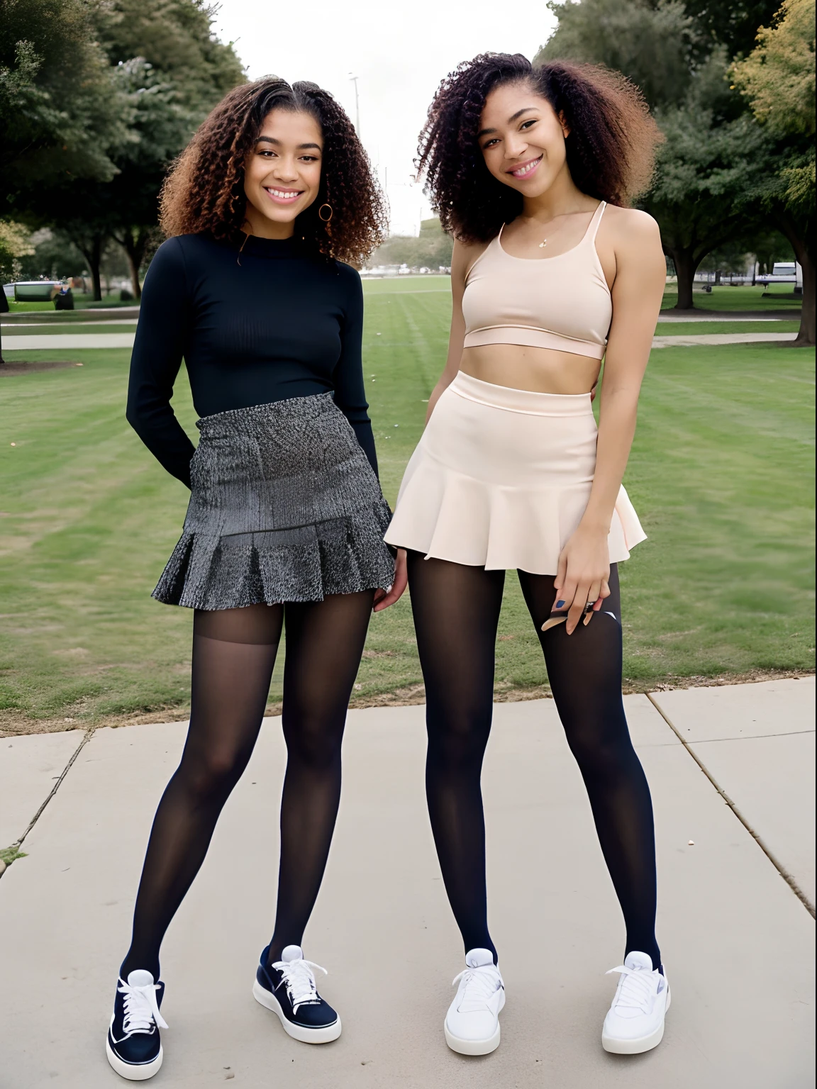 Show entire body, feet in view, aerial view, Zendaya and twin sister, curly hair, short skirt, body stocking,pantyhose, sneakers, park, midnight, laughing