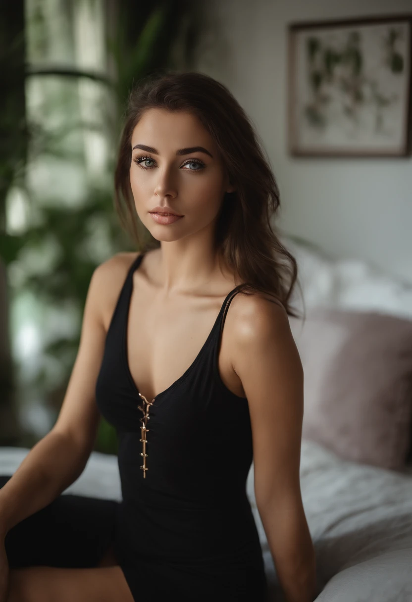 arafed woman with a white tank top and a necklace, sexy girl with green eyes, portrait sophie mudd, brown hair and large eyes, selfie of a young woman, bedroom eyes, violet myers, without makeup, natural makeup, looking directly at the camera, face with artgram, subtle makeup, stunning full body shot, piercing green eyes, wearing tight black mini dress, full body shot