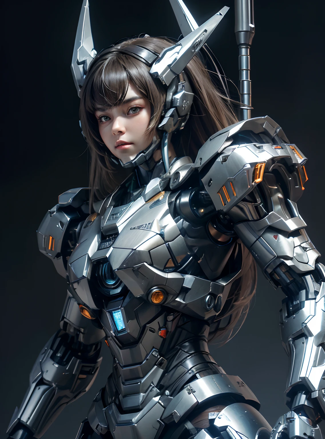 Textured skin, Super Detail, high details, High quality, Best Quality, hight resolution, 1080p, hard disk, Beautiful,(War Machine),(head gear),beautiful cyborg woman,Mecha Cyborg Girl,Battle Mode,Girl with a Mecha Body,She wears a futuristic war machine weapon mech,Fulll body Shot