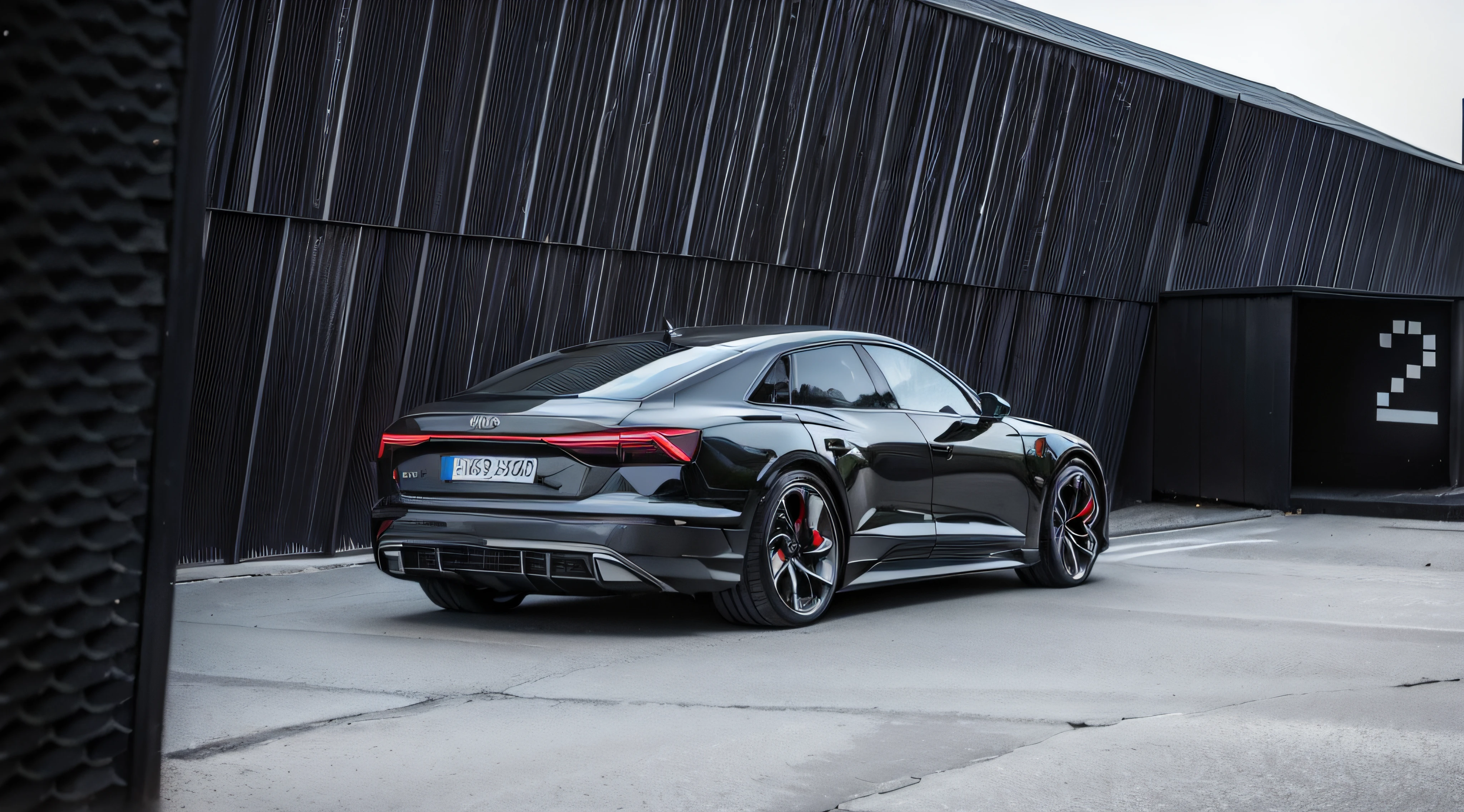 Close-up of the Audi e-tron GT parked in front of the building, with a sleek spoiler, conceito, concept ar, aerodynamic imposing, lightweight but imposing, Inspired by Otto Abt, medium shot taken from behind, octa 8k, a wide full shot, long shot from back, concept matte, in full growth from the back, line sleek，strongman
