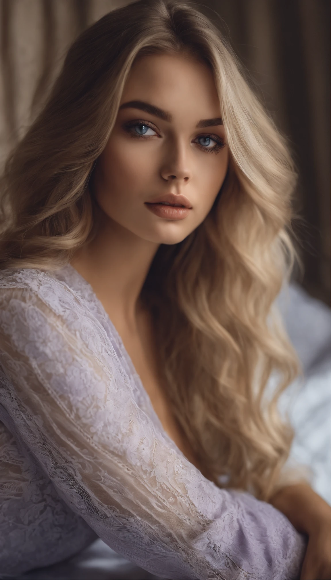 Arafed woman completely , fille sexy aux yeux bleus, ultra realist, Meticulously detailed, Portrait Sophie Mudd, cheveux blonds et grands yeux, selfie of a young woman, Yeux de chambre, Violet Myers, sans maquillage, maquillage naturel, looking straight at camera, Visage avec Artgram, Maquillage subtil, Great photo of the whole body kneeling on the bed, dans la chambre, Medium to Large Size Bust Excellence HD 8K Woman Classic Art Comics Princess