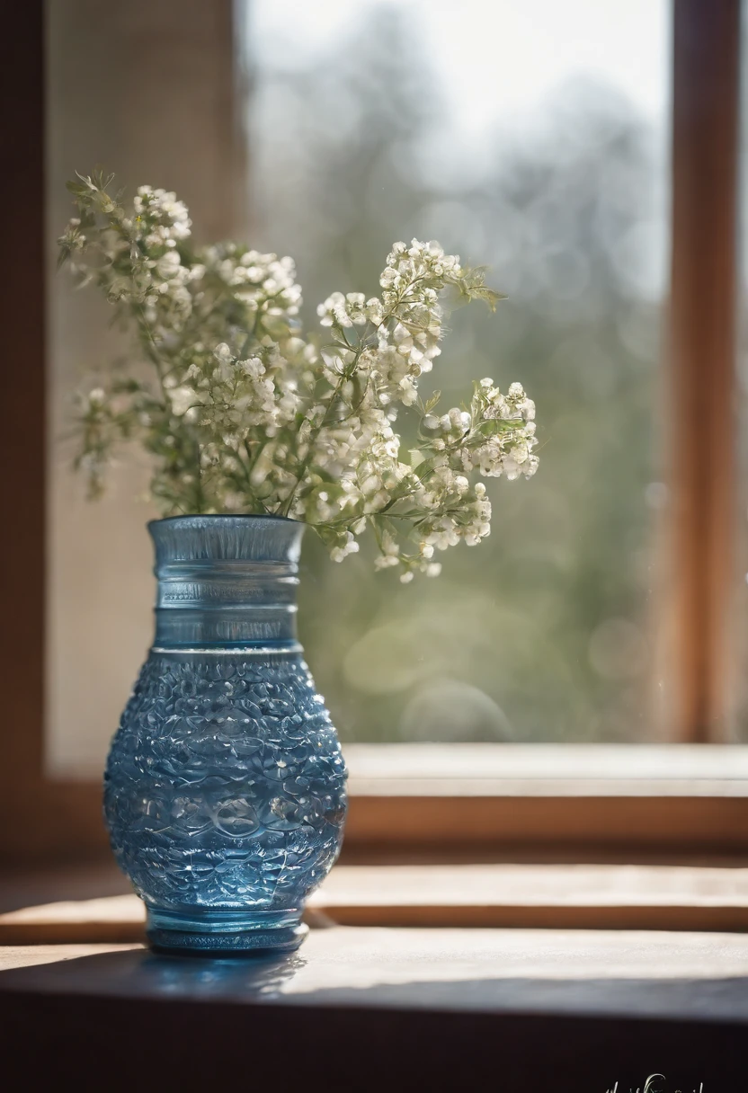 A vase on the windowsill,The vase contains small white flowers,There is also a bottle of purified water,Still life photography,afternoon sunshine,Quiet and beautiful,professional photoshooting,ultra-clear,high high quality