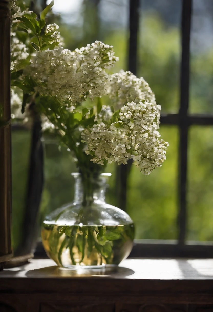A vase on the windowsill,The vase contains small white flowers,There is also a bottle of purified water,Still life photography,afternoon sunshine,Quiet and beautiful,professional photoshooting,ultra-clear,high high quality