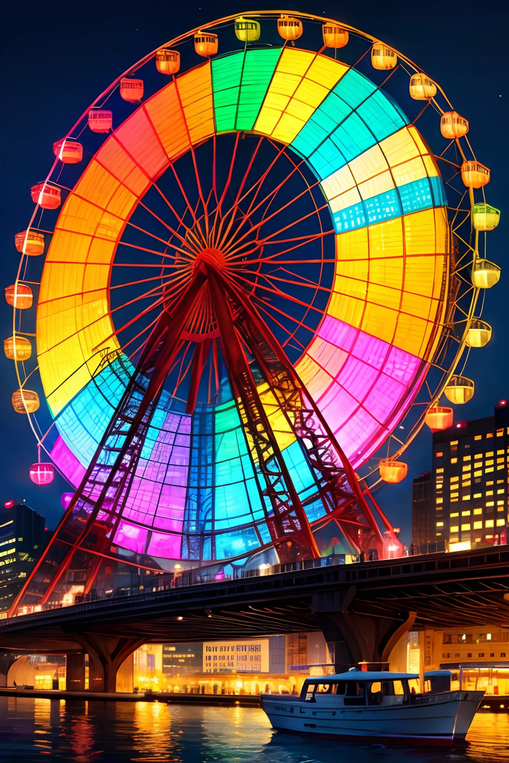 Huge Ferris wheel across the river, There are colorful and colorful lights,High-rise buildings in the background.