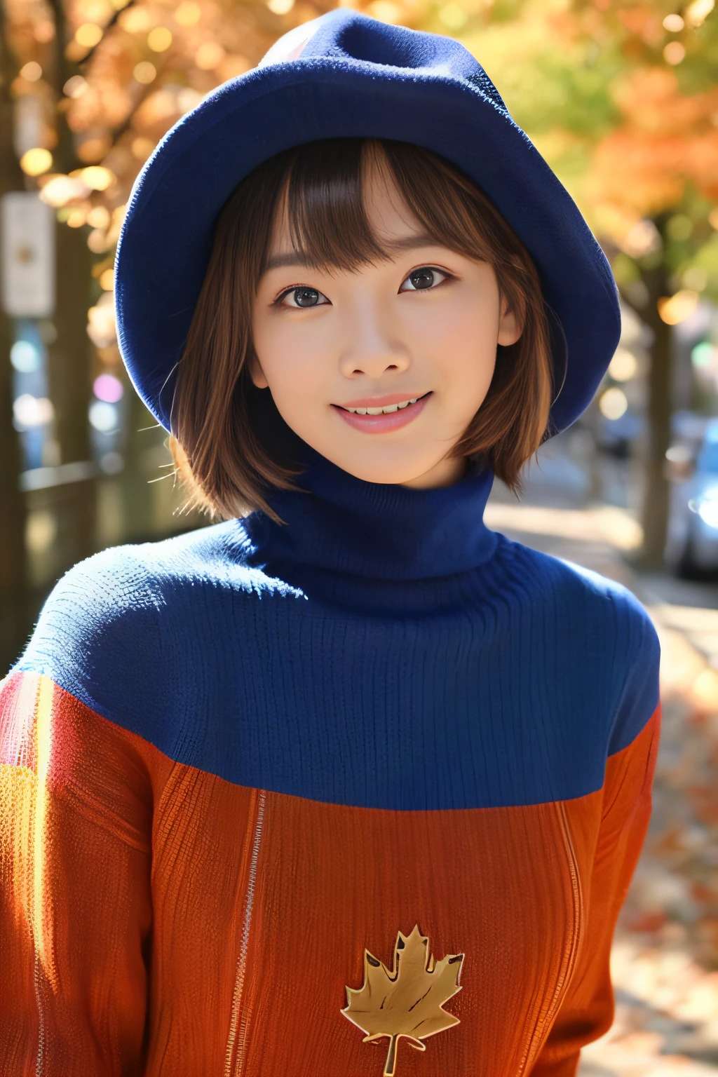 (masutepiece:1.4, top-quality、Very attractive adult beauty with a very cute smile:1.4、Add intense highlights to the eyes:1.4、Look firmly at the camera、Beautiful woman full of adult charm:1.4),1girl in, 独奏, Light brown shiny hair, muffler,Santa Claus hat:1.4,realisitic, looking at the viewers, Bright colored crystal light blue eyes:1.4, short shiny hair, Santa Claus Starneck Knit、 Red and white costume of Santa Claus in turtleneck with round hole in the center of the chest:1.4,Sexy red and blue turtleneck knit sweater with round hole in the center of chest:1.4、 s lips, lipgloss:1.4，bangss, The upper part of the body、big eye、Lashes、The face is a little red:1.4、Embarrassing)、((Canadian tree-lined avenues in autumn:1.4))、((Shorthair with bangs、big eye、Put very strong highlights in your students:1.4、{Gigantic|Big|Huge|Mega} breasts:1.4、very Bigger breasts、gazing at viewer、Very beautiful beauty、Put your ears out:1.4、long neck:1.4、little smiling、Beautiful teeth、Open your mouth and smile:1.4))、28 year old:1.4、Very cute supermodel:1.4、