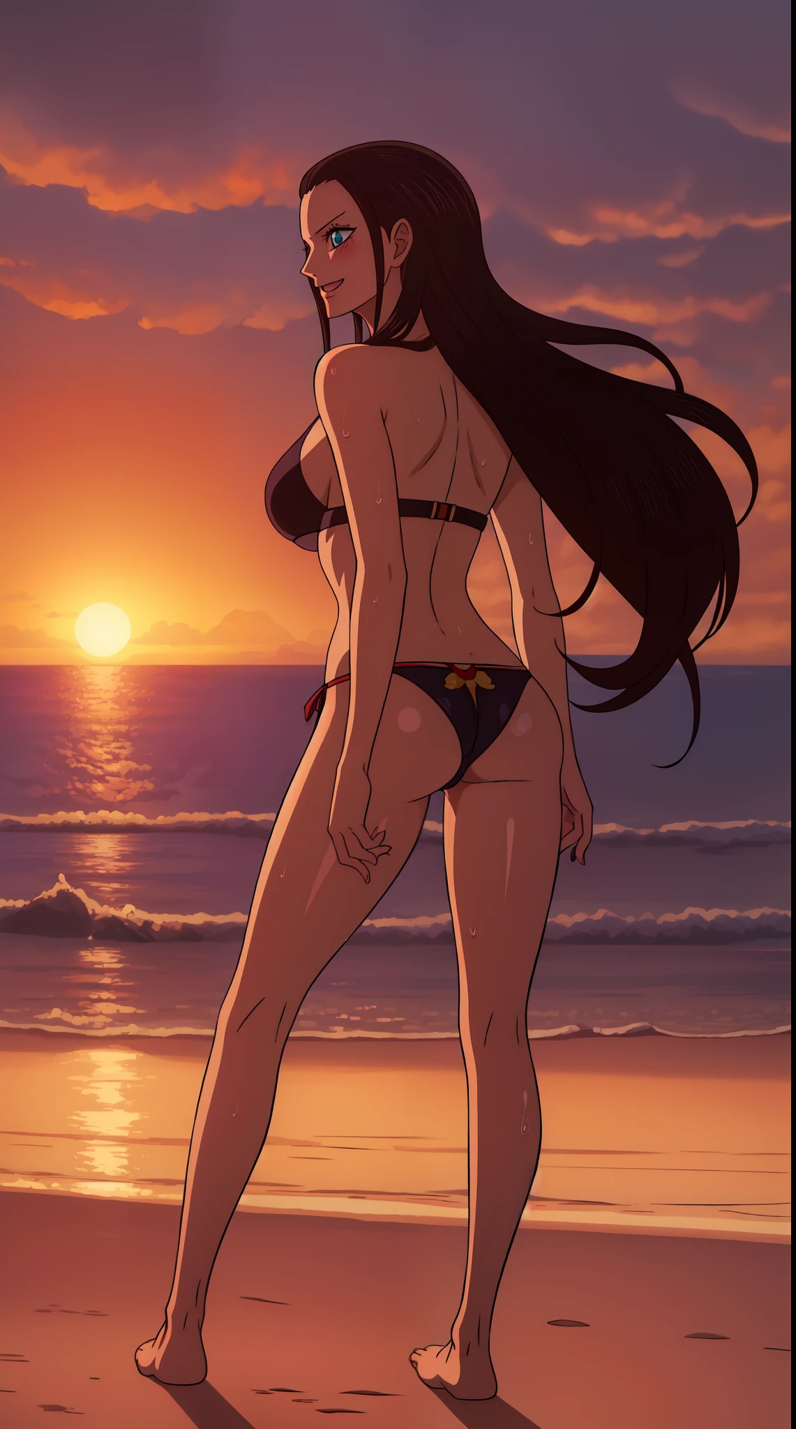 Nico Robin from one piece, black long hair, blue eyes, dark wide pupils, blushing, big breasts, side boobs, wearing thong bikini, back view, standing in the beach, joyful expression, sunrise, shiny skin, wet body, abs,