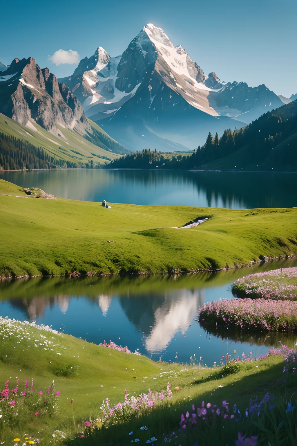 Sea Summer Meadows Few small flowers Full of lakes Ultra detail Cinematic texture Surrealism Distant mountain background Surnatural light tracing and surrealism