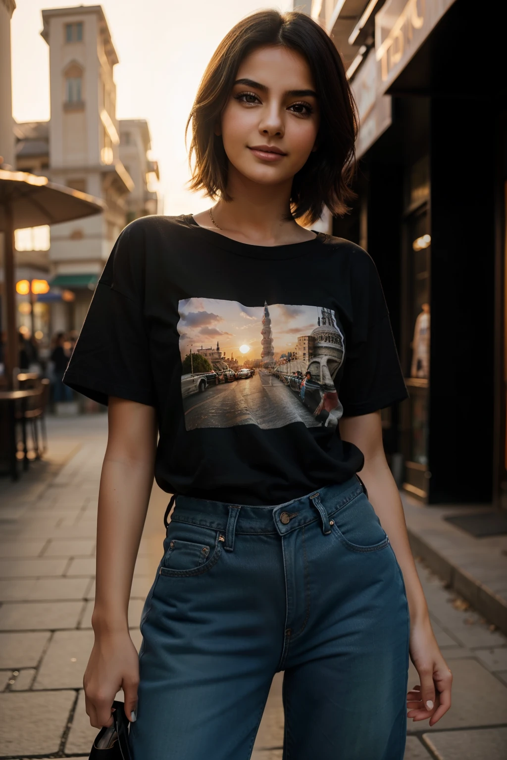 full body, short_hair, gorgeous, city girl, baggy black round neck Teeshirt with baggy jeans, hot girl, shopping in the city, (masterpiece), best quality, high resolution, extremely detailed, blurred background, depth of field, cinematic lighting, (Beautiful Turkish girl, Turkish face, Turkish beauty:1.2), 20 years old, bright smile, Extremely beautiful, Extremely Detailed, attractive beautiful, sexy, hot, sunset, wearing a black baggy t-shirt with baggy jeans.