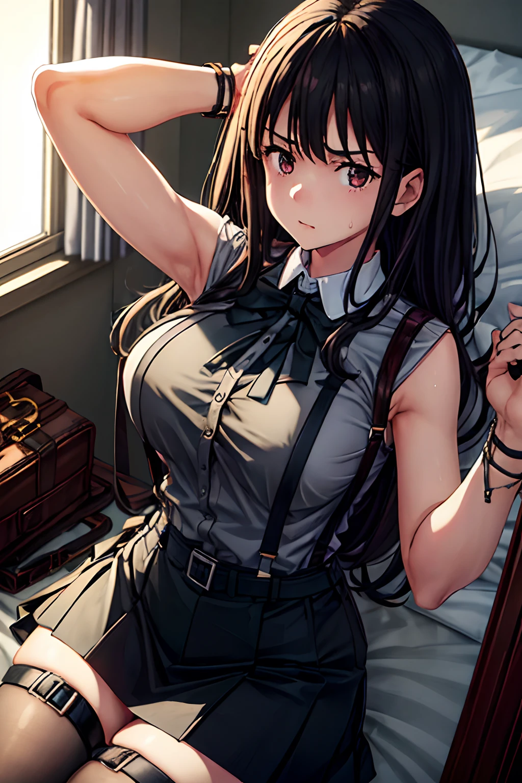 Suit,Collared shirt,Belt bag,Suspenders Black Miniskirt garterbelts knee high Stockings Black Niso Colorcon armpit sweat perspiring Side of both hands,Black tank top,Gaze,Colossal tits,Armpit sweat,Exposing the armpits"Tight clothes、raise two hands、wristbands Lying in bed Behind the back Forehead Center