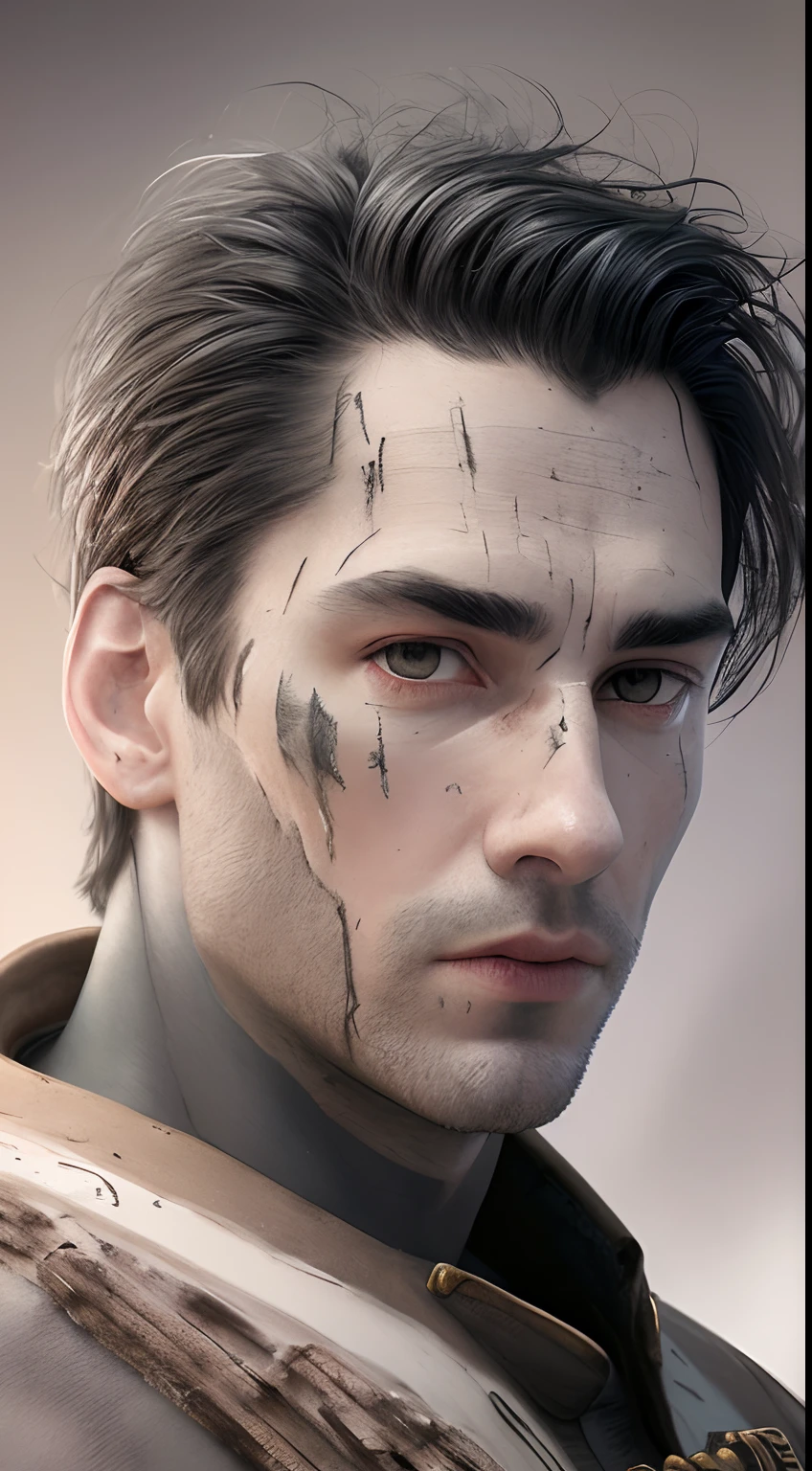 Nordic man, black hair, detailed face, scar on face, upper body, 3/4 flat, (closeup:0.9), (skin pores:1.1), 4k, hyperrealism, realistic, hyper-realistic, high resolution, in the artistic style of Filip Hodas, 35mm lens, cinematic, soft lighting, realistic epic, faded, ((neutral colors)), (hdr:1.5), soft colors, pastel, warm lights, dramatic light, complex background, (by Irakli Nadar),  rutkowski, complex details, hyper-detailed, magnificent, elegant, cinematography, thoughtful face, Victorian spacesuit, cosmonaut, weightless flowing hair, steampunk space satellite in the background, two moons in the background,