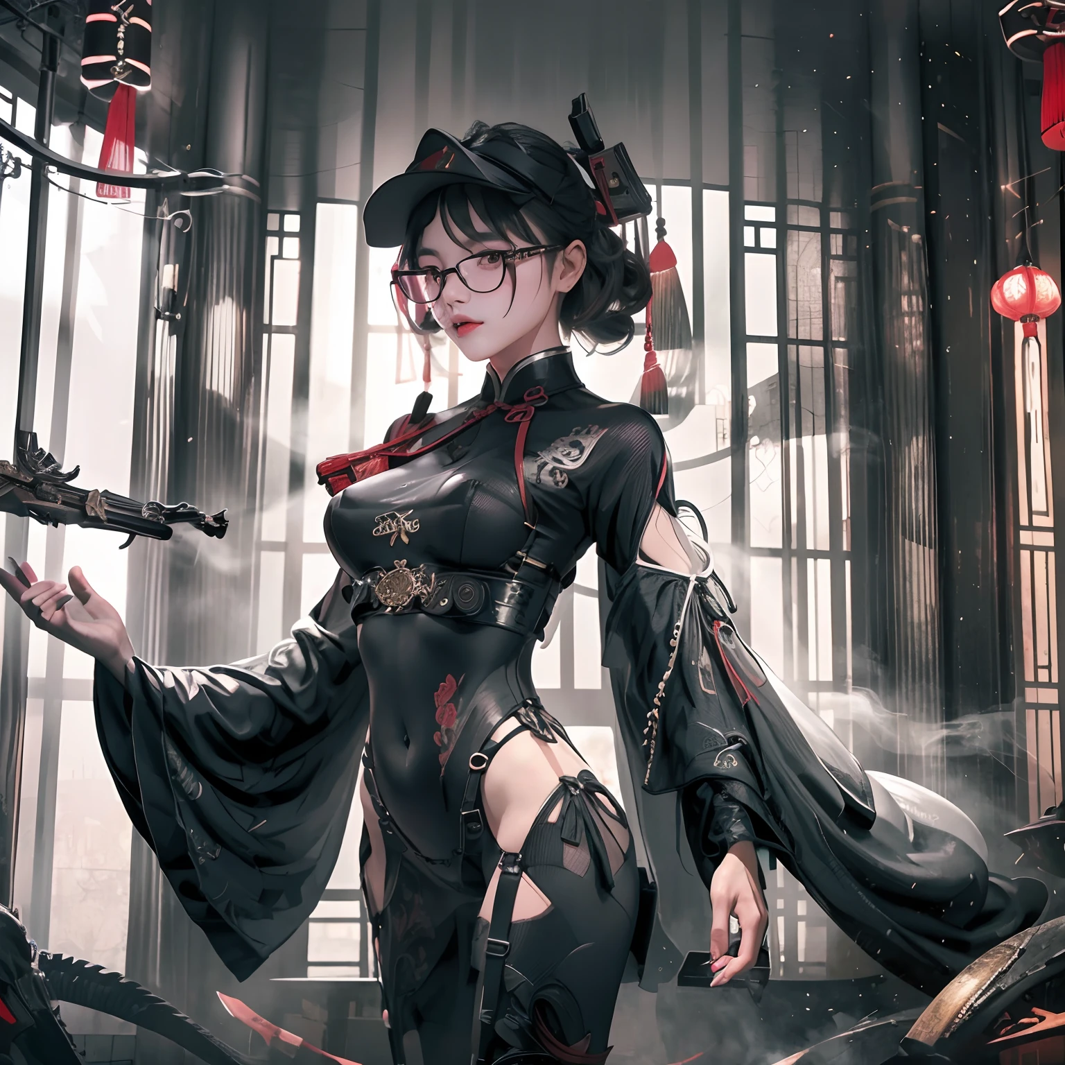 Chinese girl smokes from mouth and wears glasses, half black and half white, standing showing her perfect figure, perfect height, beautiful body, rich close-up, ultra high definition image, high attention to detail, level of detail, Chinese style, smoke Art,Glamour,Darkness,Extra Dimensions,8K