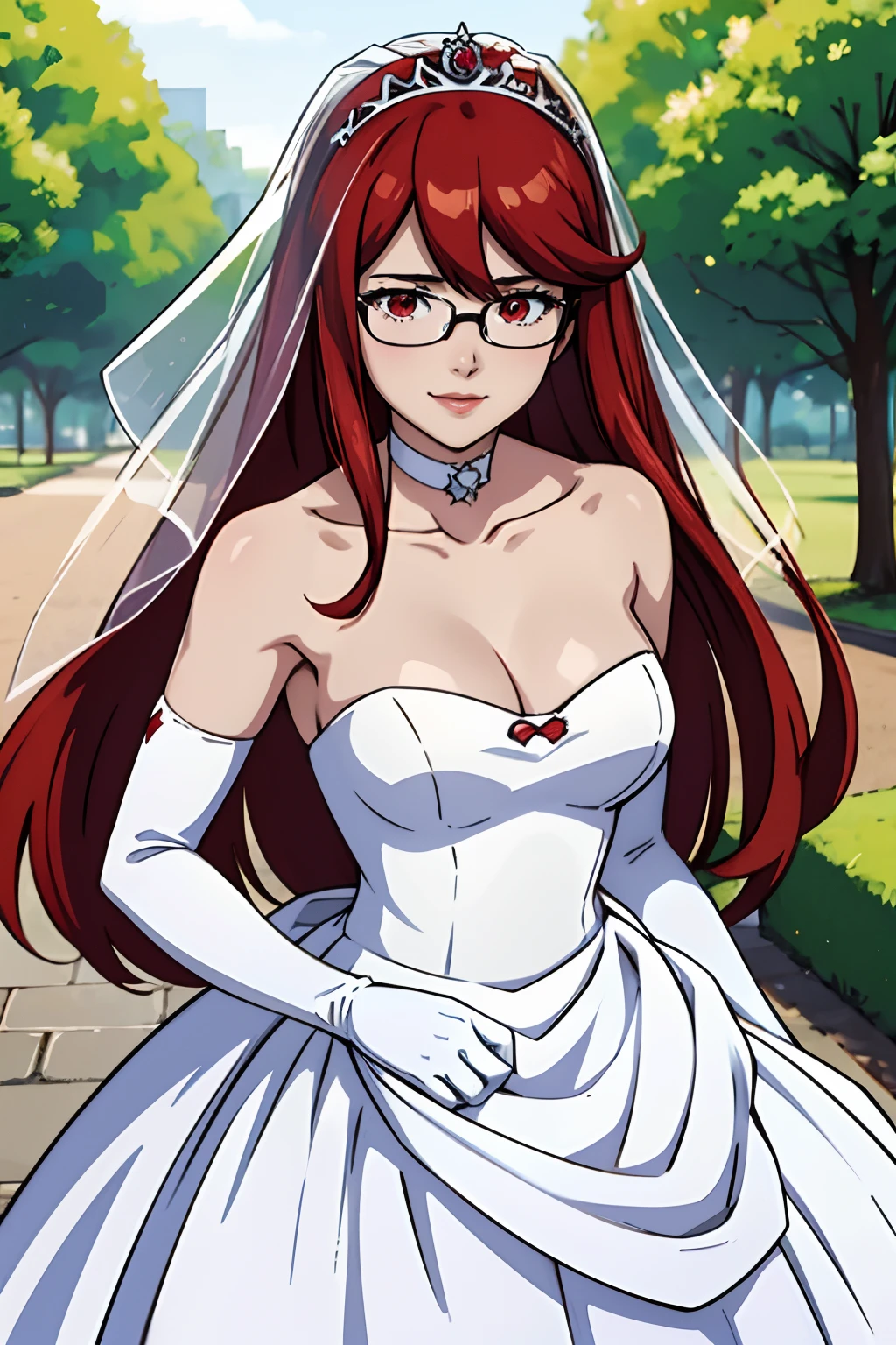 Yoshizawa Sumire, long hair, glasses, hair between eyes, ahoge, red eyes,red hair, star \(symbol\), hair ornament, dress, cleavage, bare shoulders, collarbone, long white elbow gloves, white gloves, white dress, white choker, strapless, tiara, veil, strapless dress, wedding dress, bridal veil, beautiful woman, perfect body, perfect breasts, wearing a wedding dress, ball gown, in the park trees, wedding decorations, a in love smile, realism, masterpiece, textured skin, super detail, high detail, high quality, best quality, 1080p, 16k