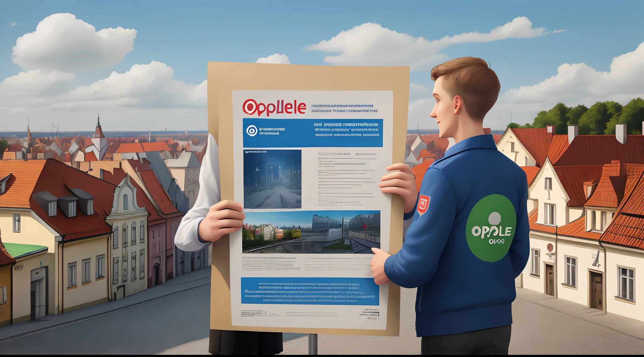 a Disney poster with the Radio Opole logo, a journalist and a person who hosts the program against the background of the city of Opole in Poland