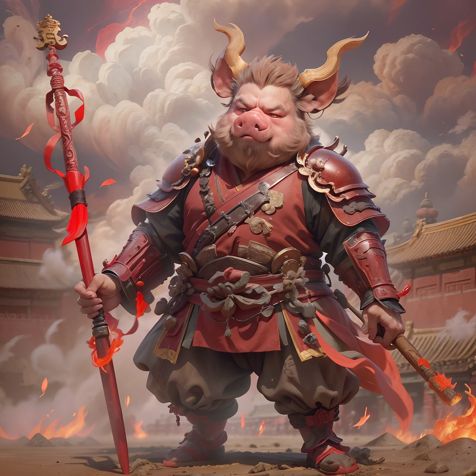 1 Pig-headed man，Zhu Bajie held a nail rake，((Complete nail rake)),Put on the flame armor，Fighting posture，Red ribbon，Clouds of flame under your feet,tmasterpiece，((The background is the Forbidden City, Oriental ancient city))，Cloud fog，8K，high definition resolution，Detailed detail drawing，very photoreal，