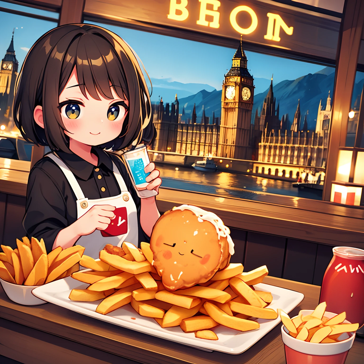 Tourism in England、Big Ben、kawaii girl、happily face、Fish and chips and beer、British national costume、Brown skin、​masterpiece、top-quality、Top image quality