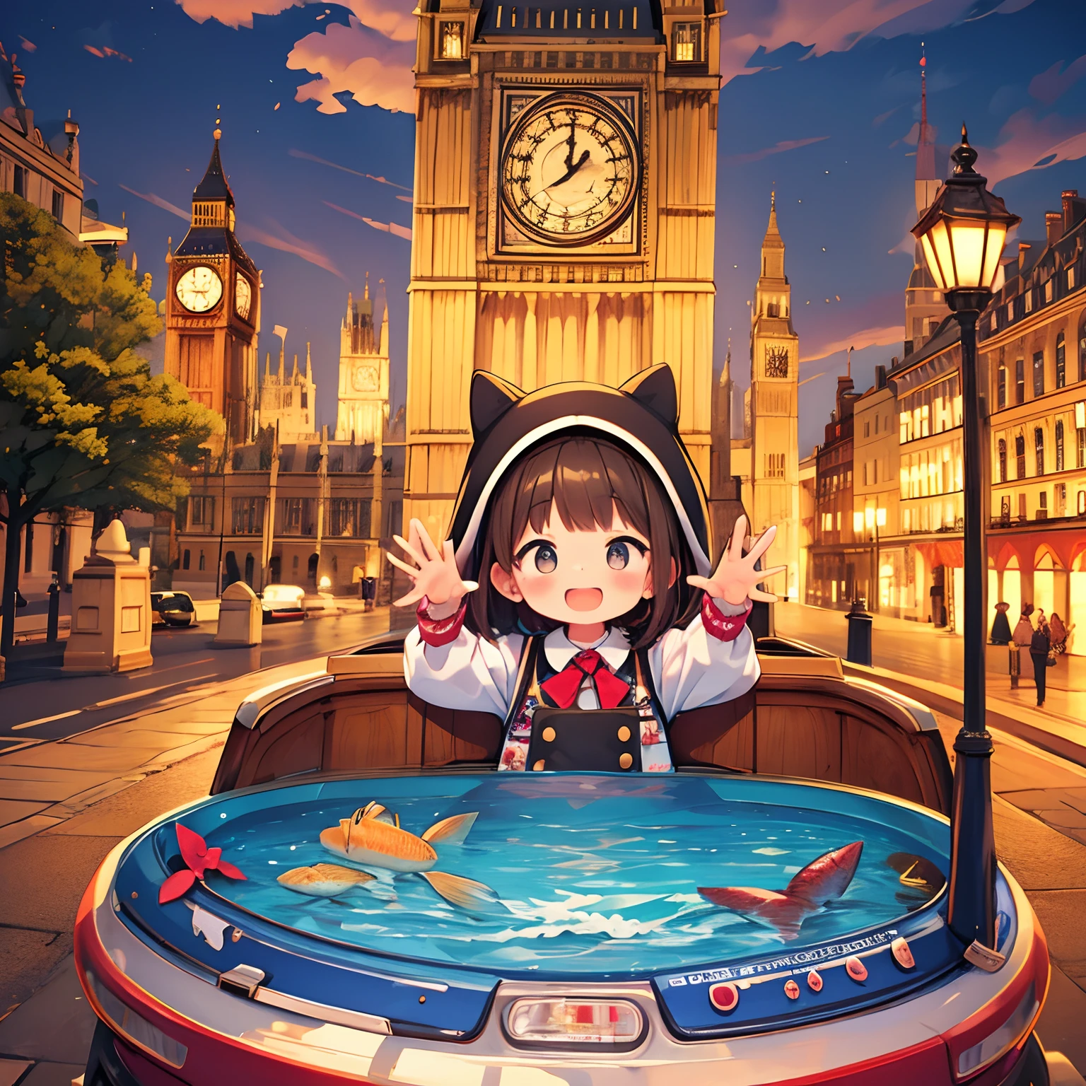 Tourism in England、Big Ben、kawaii girl、happily face、Fish and chips and beer、British national costume、Brown skin、masterpiece、top-quality、Top image quality