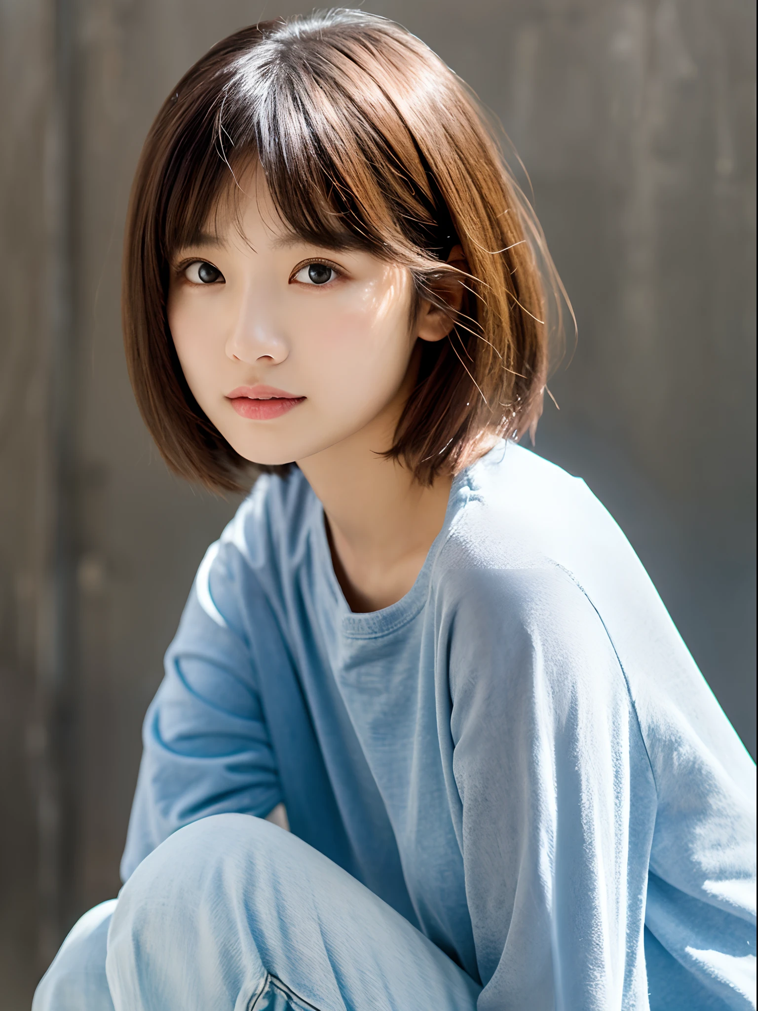top-quality、超A high resolution、(Photorealsitic:1.4)、1人、、small tits、、、A Japanese Lady、Looking at the camera、long Sleeve T-Shirt、Concrete background、Facing the front、is standing、yellow hair、bobhair、Woman in her late teeight bangs、short-hair、Salon model style、Natural look、Leaning against the wall、After styling in a beauty salon、Wearing denim