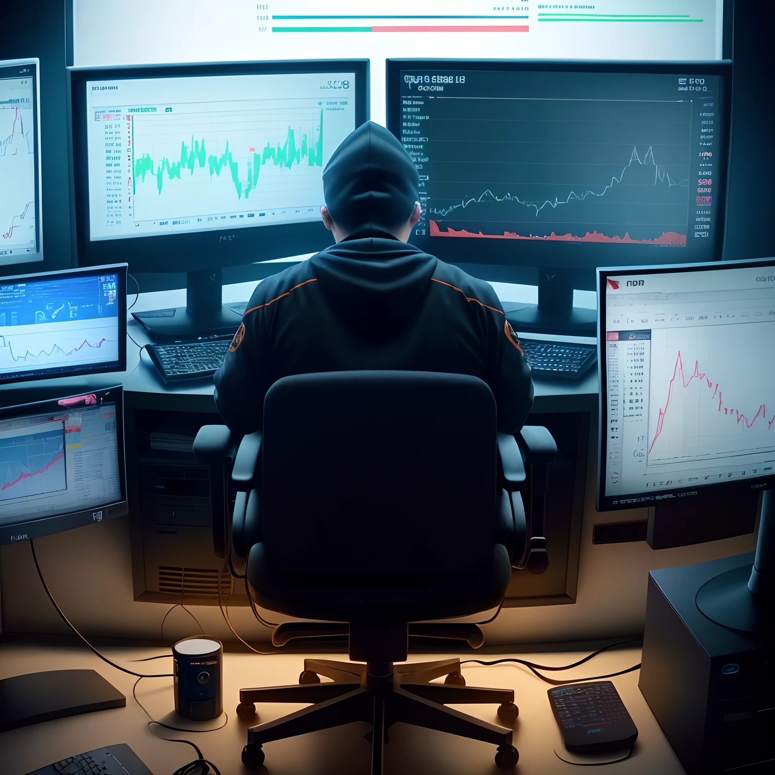 PC Monitor、Forex charts are displayed、Some of the monitors are、You can see the top from the shoulders of a translucent ninja。The monitor is on the desk、Person sitting in a chair is looking at a monitor。