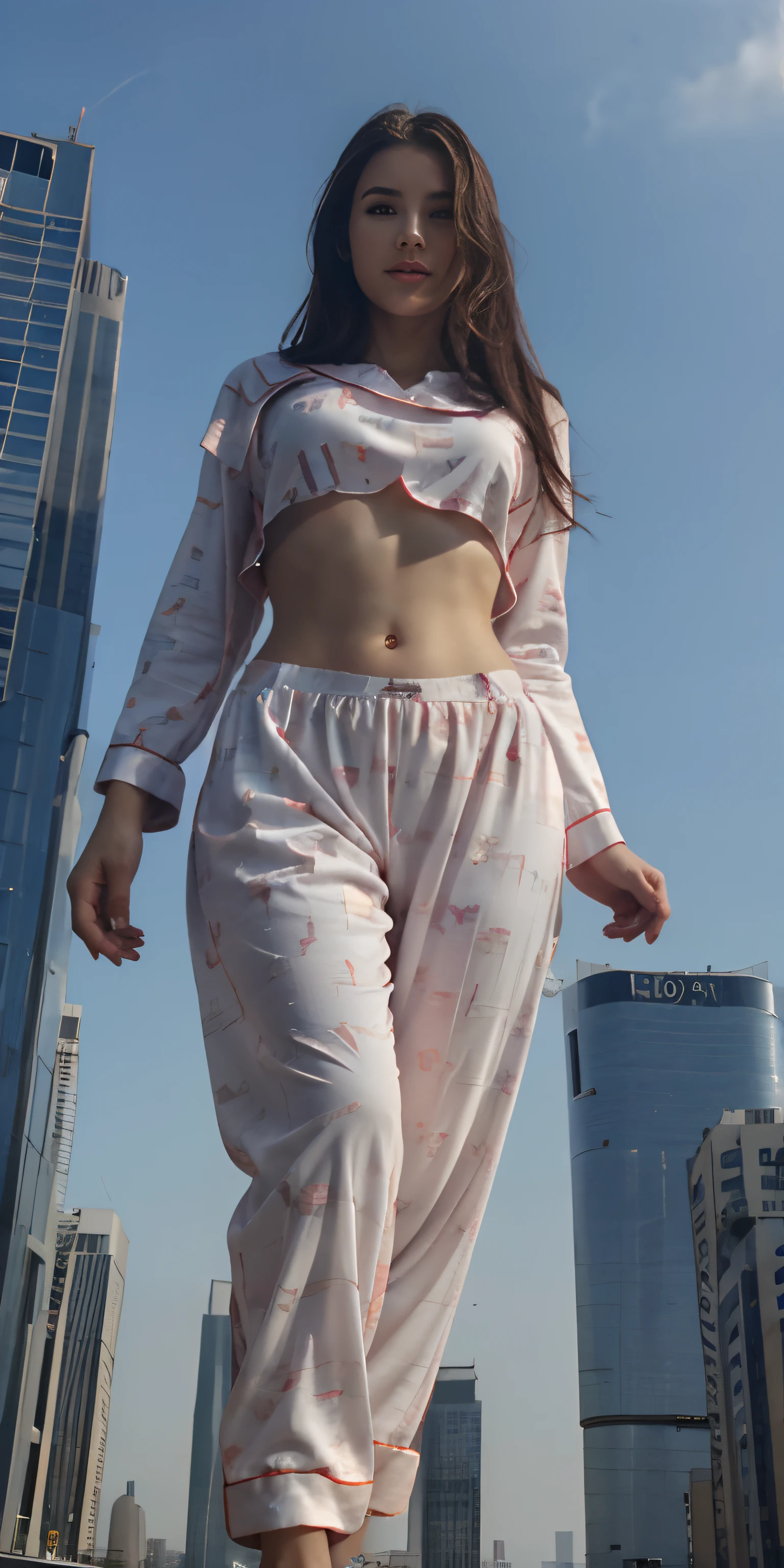 Wearing sexy long pajamas, graceful figure, facing the camera, imaginative, first love, midriff exposed, long pajamas, abs, giantess, 500 meters tall, towering over city, tiny city